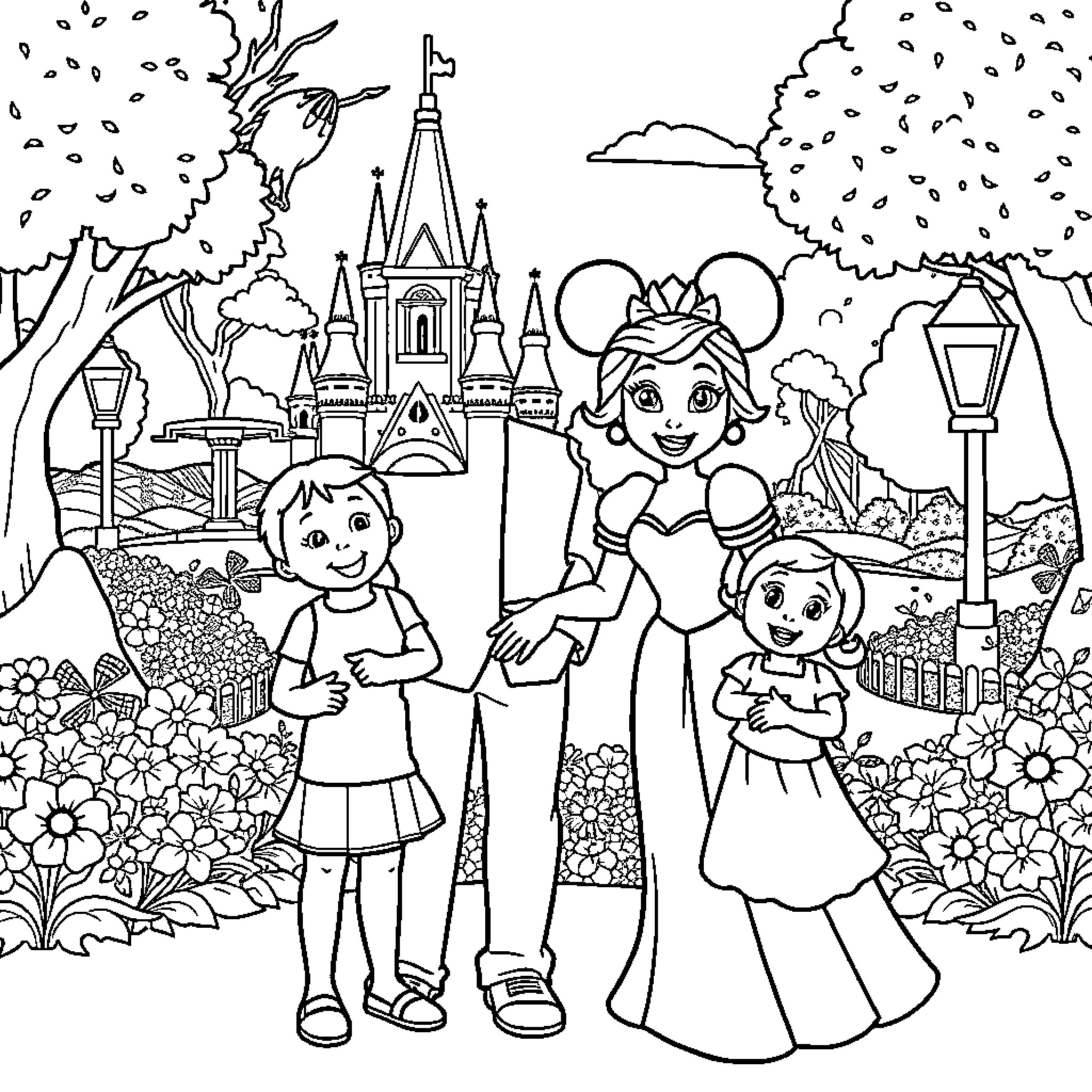 Marie and Her Family Enjoy a Day at the Enchanted Castle Coloring Page (free black-and-white line drawing printable PDF for all, from beginners to advanced learners, including children, teens, adults, and seniors)