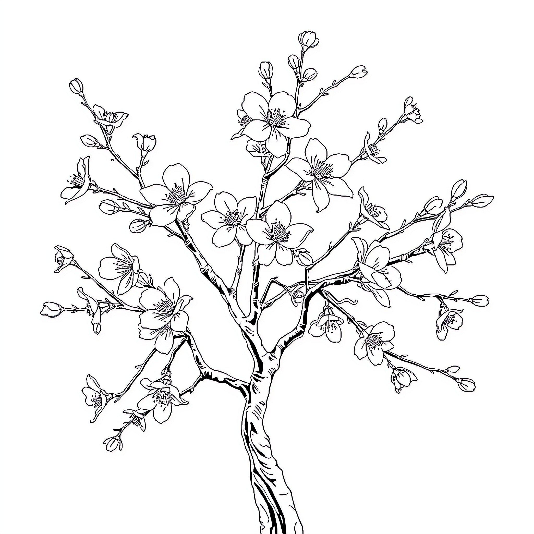 Cherry Blossom Tree with Delicate Flowers Coloring Page (free black-and-white line drawing printable PDF for all, from beginners to advanced learners, including children, teens, adults, and seniors)