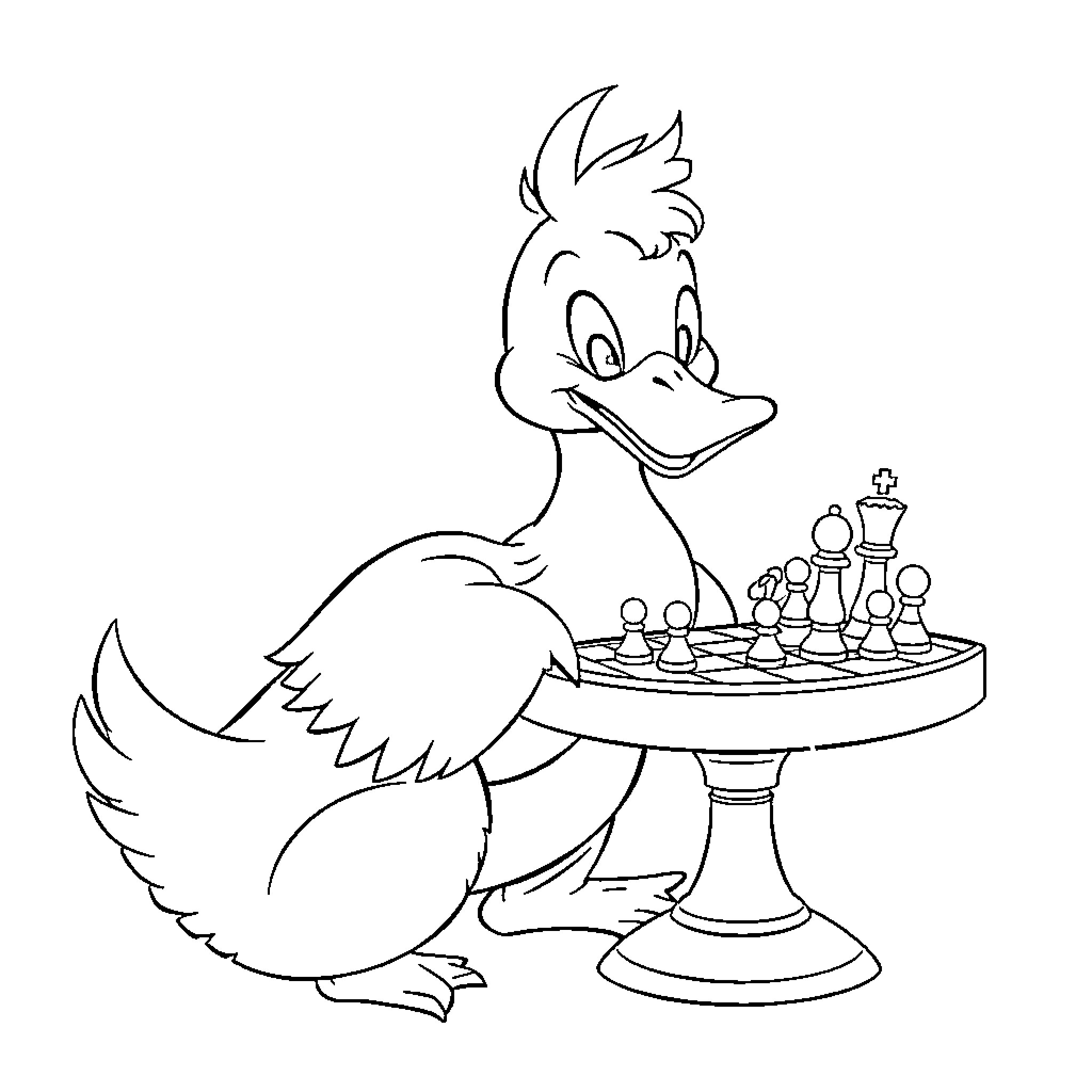 Duck playing strategic board game Coloring Page (free black-and-white line drawing printable PDF for all, from beginners to advanced learners, including children, teens, adults, and seniors)