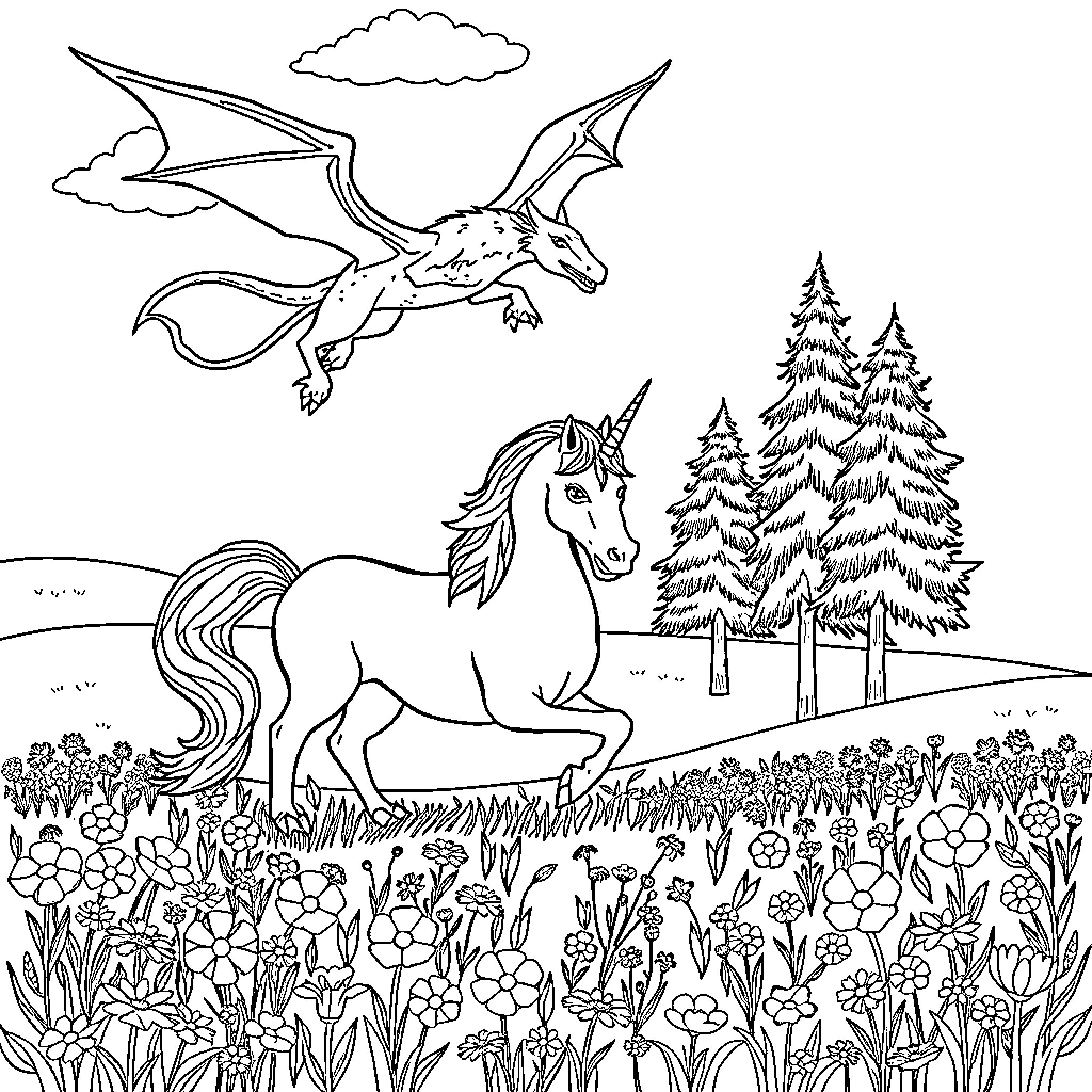 Dragon soaring through cloudy sky with horse in meadow Coloring Page (free black-and-white line drawing printable PDF for all, from beginners to advanced learners, including children, teens, adults, and seniors)