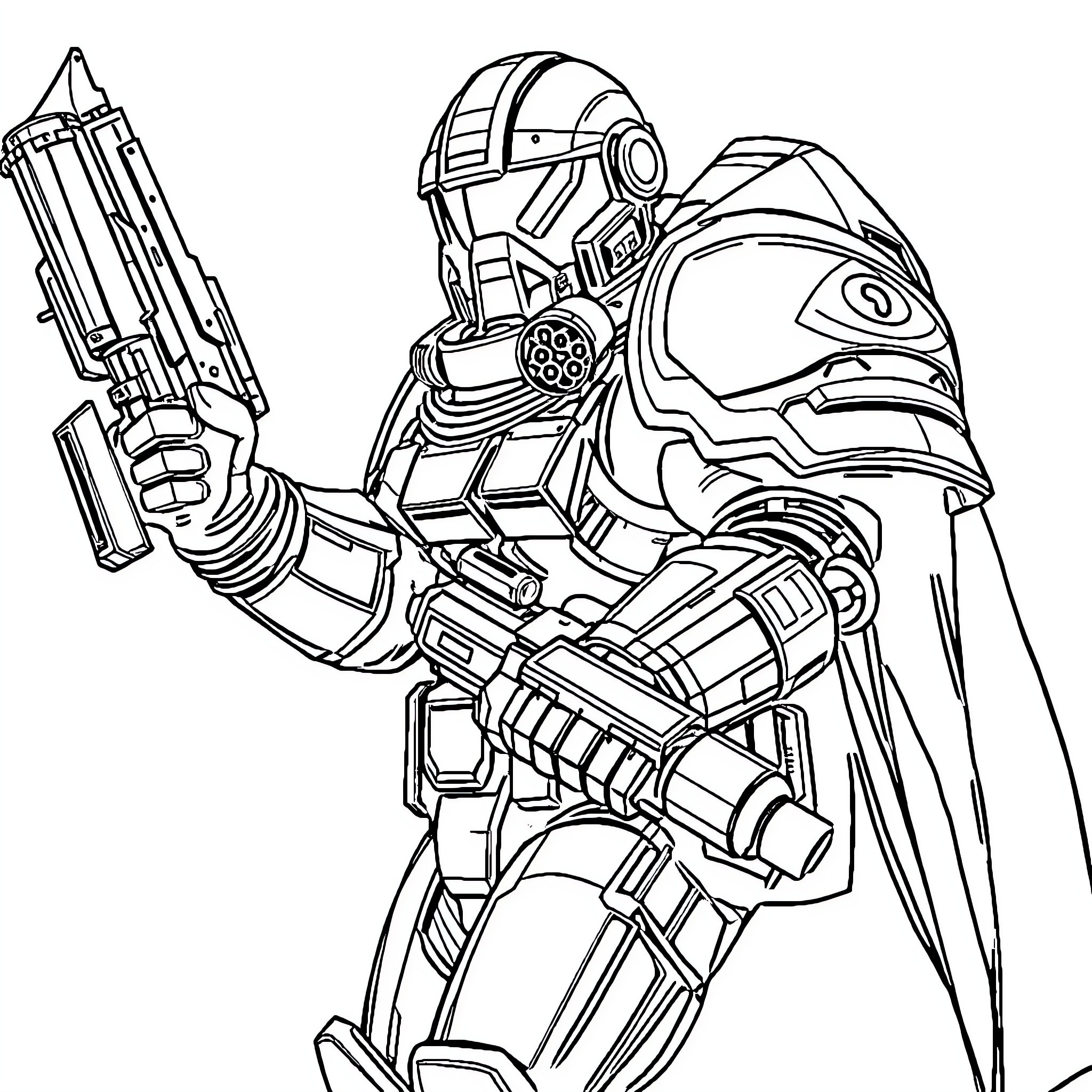 Spacemarine wielding advanced weaponry in combat gear Coloring Page (free black-and-white line drawing printable PDF for all, from beginners to advanced learners, including children, teens, adults, and seniors)