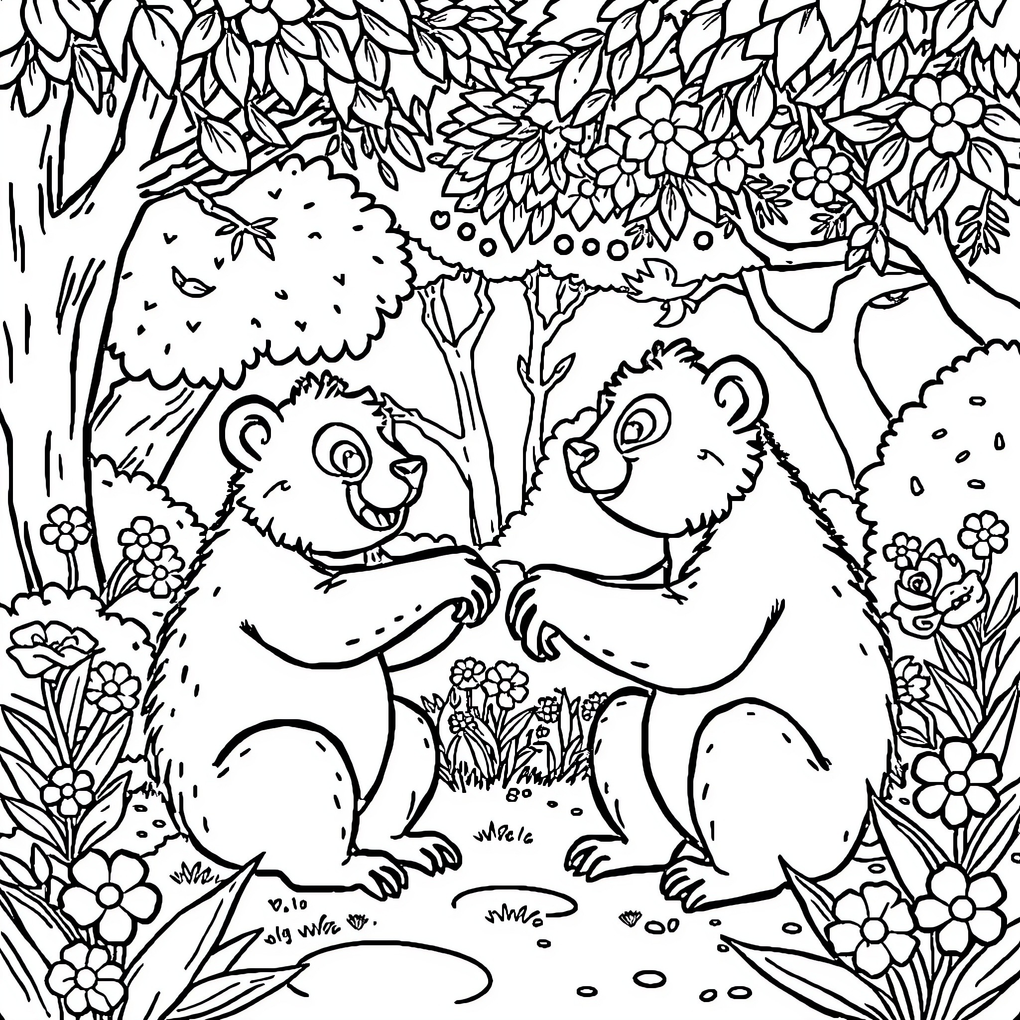 Care Bears playing joyfully in a lush floral garden Coloring Page (free black-and-white line drawing printable PDF for all, from beginners to advanced learners, including children, teens, adults, and seniors)