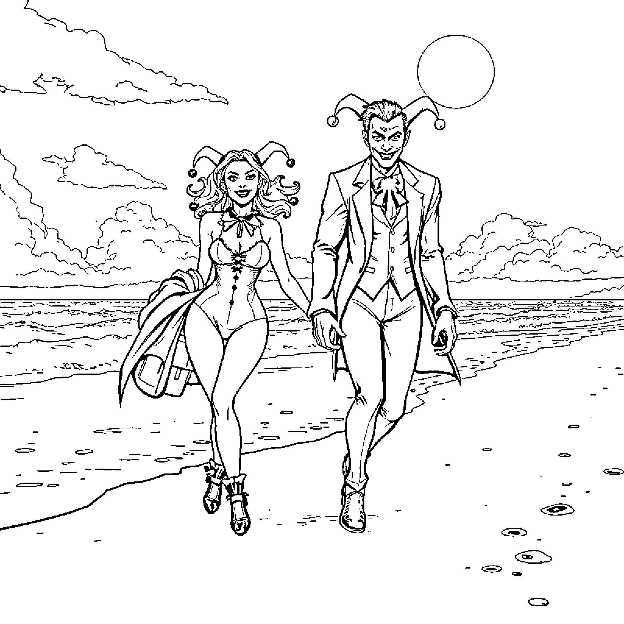 Joker and Harley Quinn strolling on the beach Coloring Page (free black-and-white line drawing printable PDF for all, from beginners to advanced learners, including children, teens, adults, and seniors)