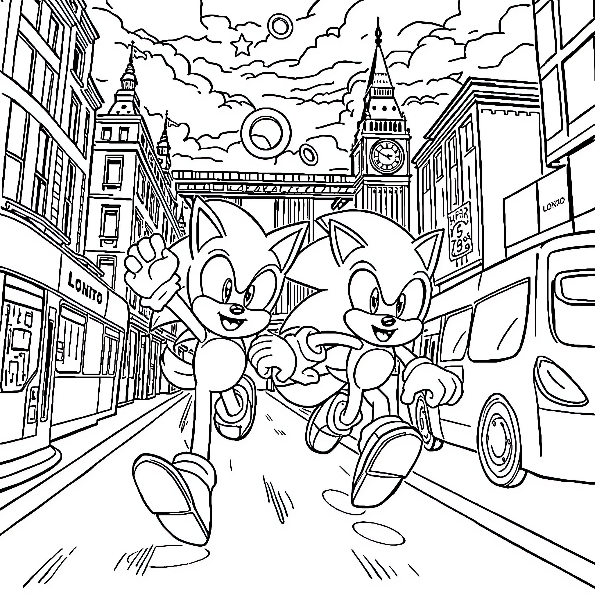 Sonic and Tails racing through the bustling city streets Coloring Page (free black-and-white line drawing printable PDF for all, from beginners to advanced learners, including children, teens, adults, and seniors)