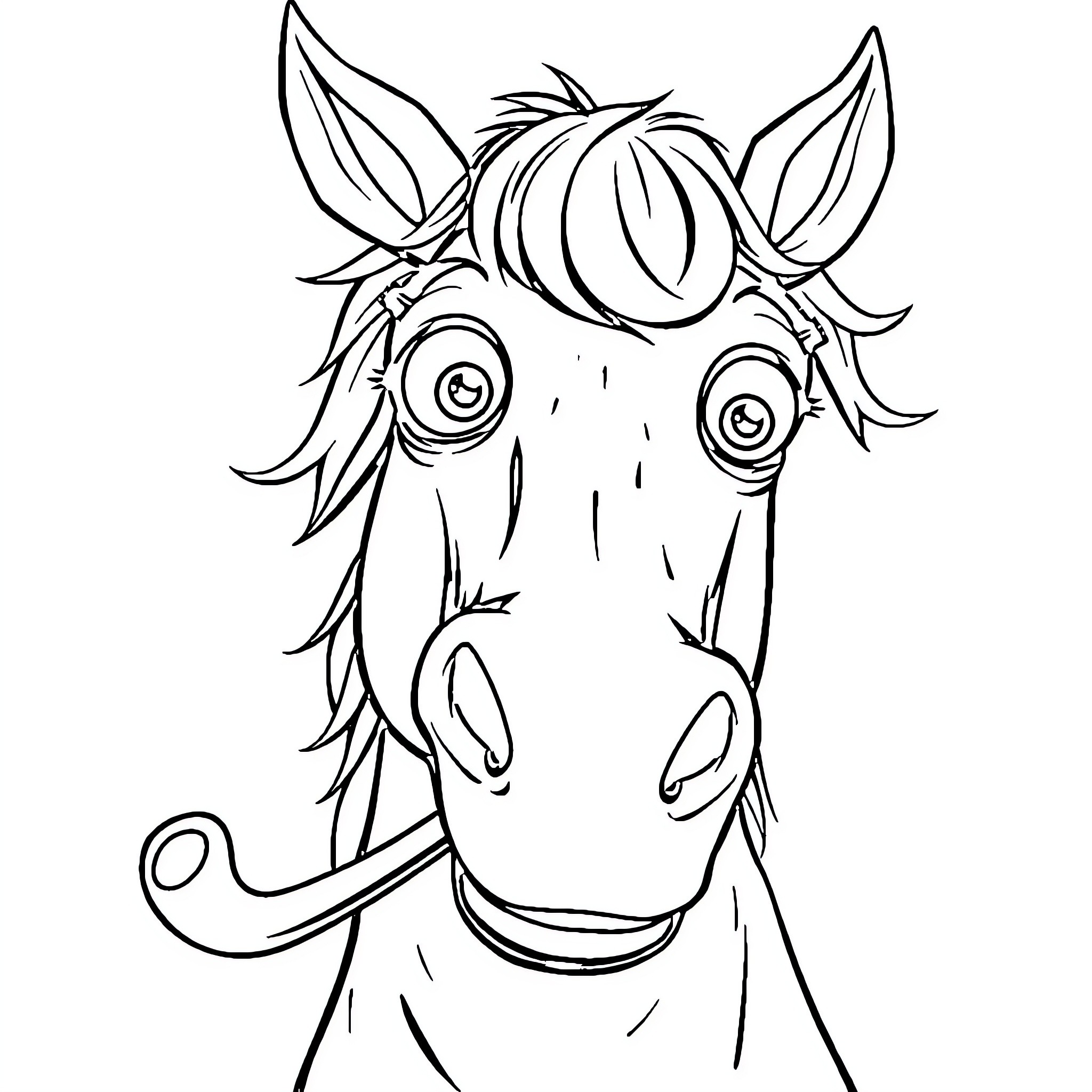 Horse with Whimsical Expression Coloring Page (free black-and-white line drawing printable PDF for all, from beginners to advanced learners, including children, teens, adults, and seniors)