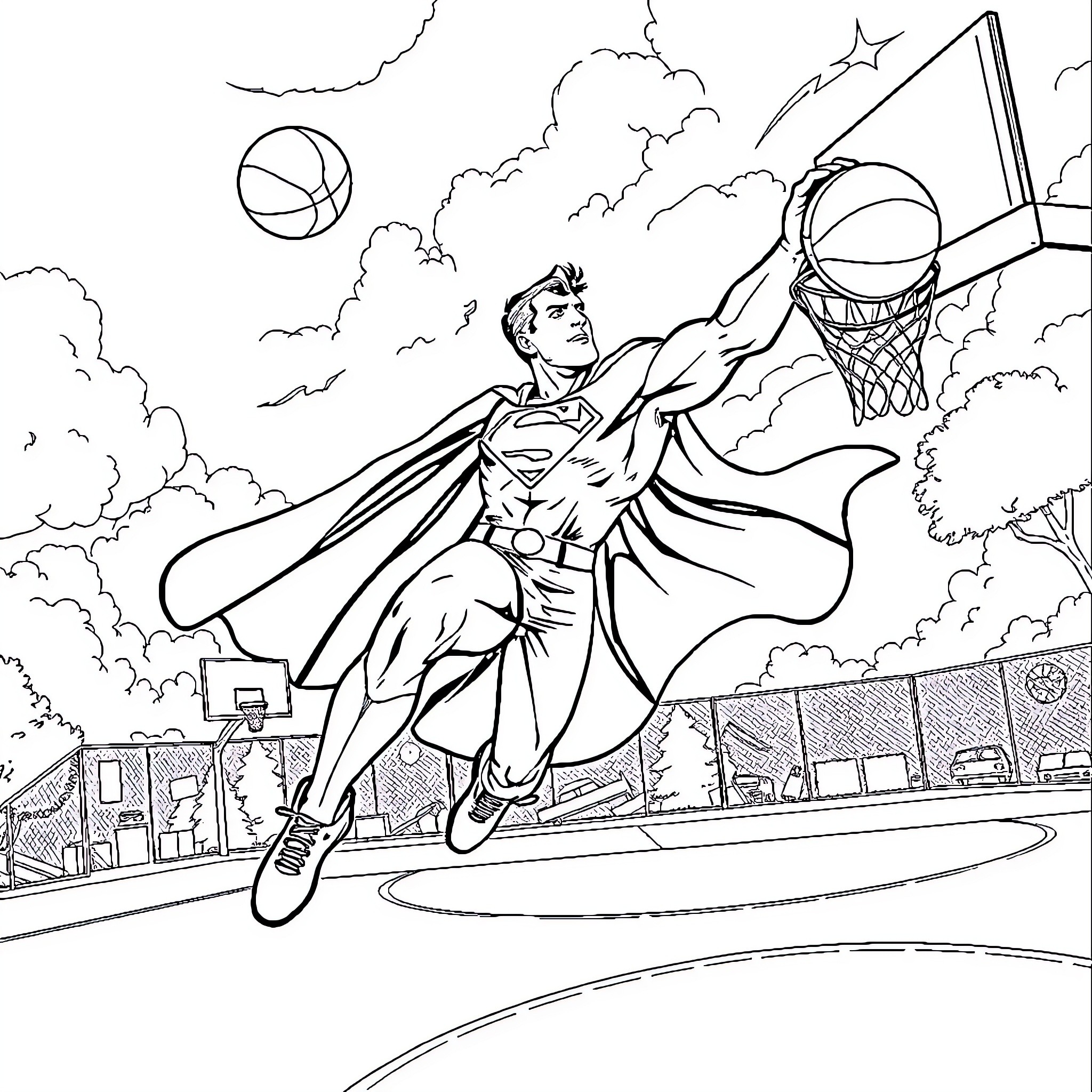 Superman shooting basketball in the sky Coloring Page (free black-and-white line drawing printable PDF for all, from beginners to advanced learners, including children, teens, adults, and seniors)