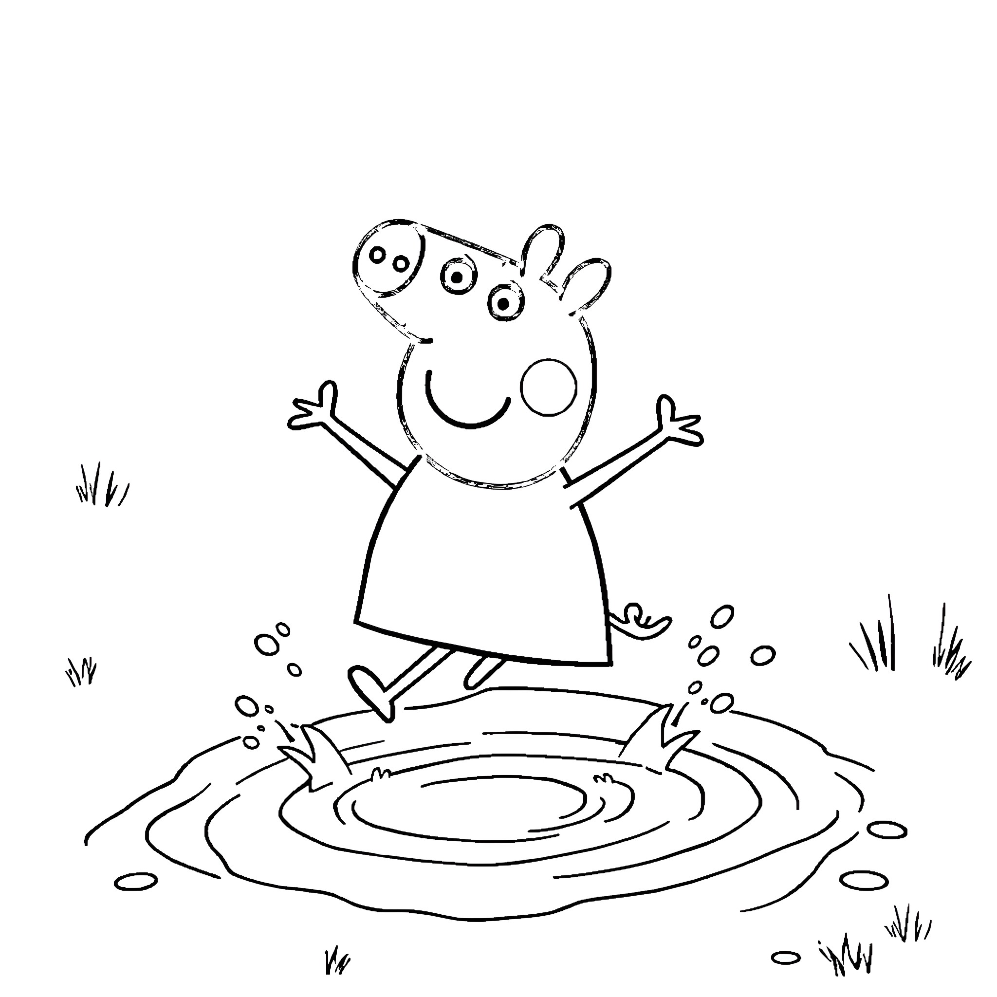 Peppa Pig jumping in a puddle Coloring Page (free black-and-white line drawing printable PDF for all, from beginners to advanced learners, including children, teens, adults, and seniors)