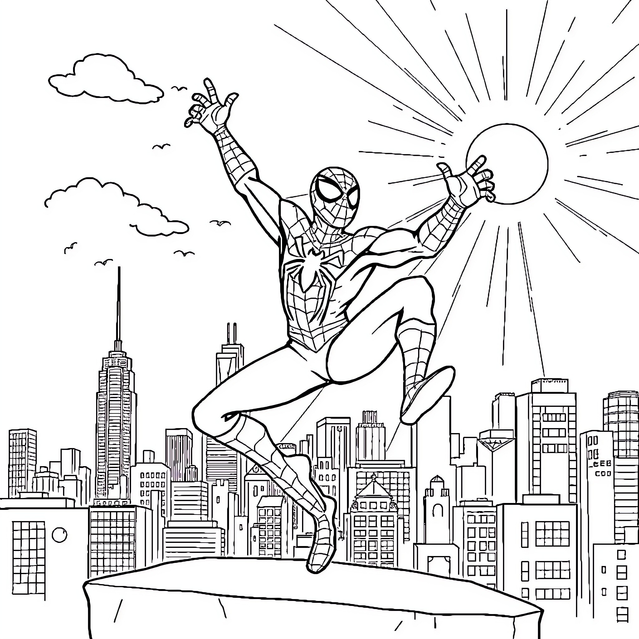 Spider-Man swinging heroically through the city Coloring Page (free black-and-white line drawing printable PDF for all, from beginners to advanced learners, including children, teens, adults, and seniors)