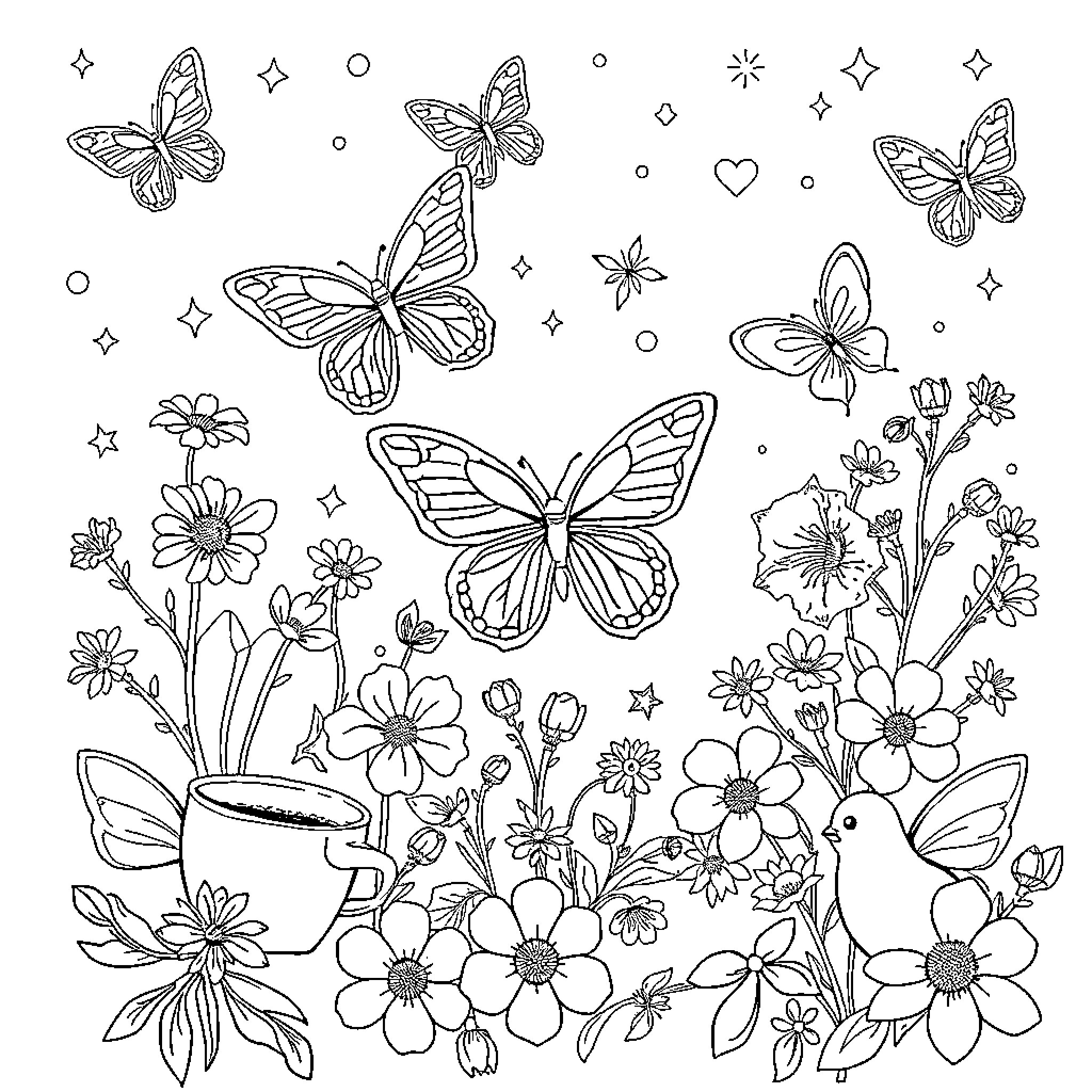 Butterfly Fluttering Amid Blooming Flowers Coloring Page (free black-and-white line drawing printable PDF for all, from beginners to advanced learners, including children, teens, adults, and seniors)