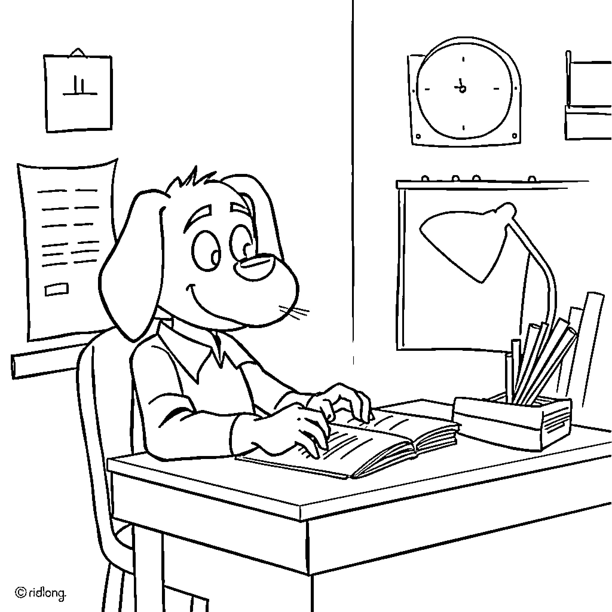 Dog Man Working Diligently at His Desk Coloring Page (free black-and-white line drawing printable PDF for all, from beginners to advanced learners, including children, teens, adults, and seniors)