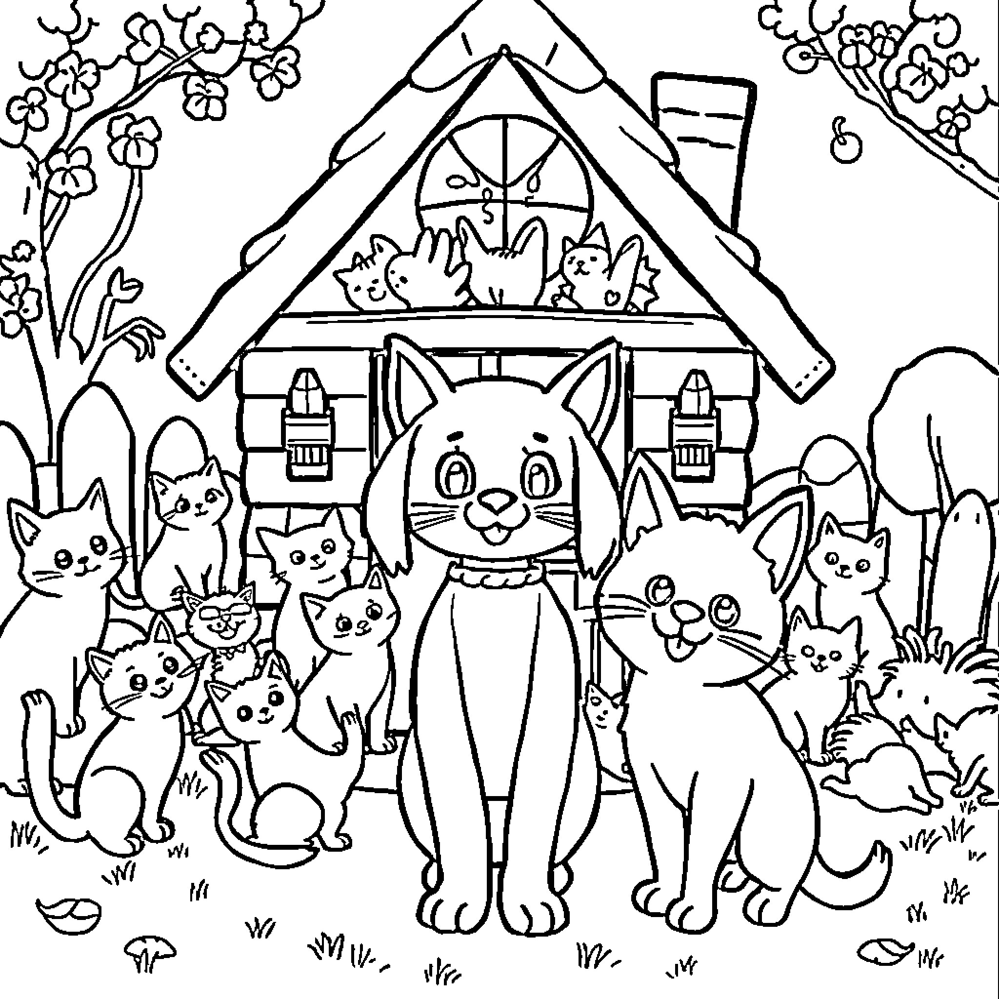 Gaby and the Curious Cats in the Cottage Coloring Page (free black-and-white line drawing printable PDF for all, from beginners to advanced learners, including children, teens, adults, and seniors)