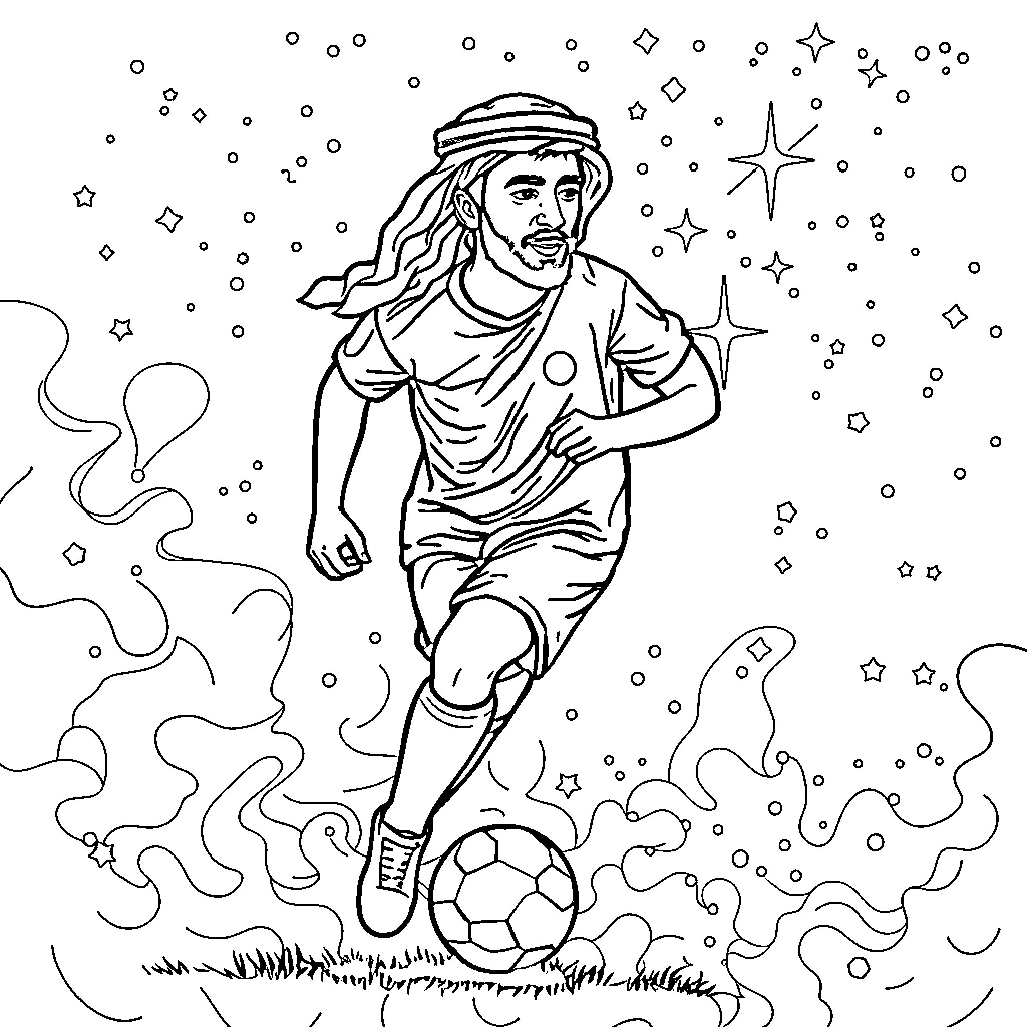 Football Player Running with Ball in Starry Field Coloring Page (free black-and-white line drawing printable PDF for all, from beginners to advanced learners, including children, teens, adults, and seniors)