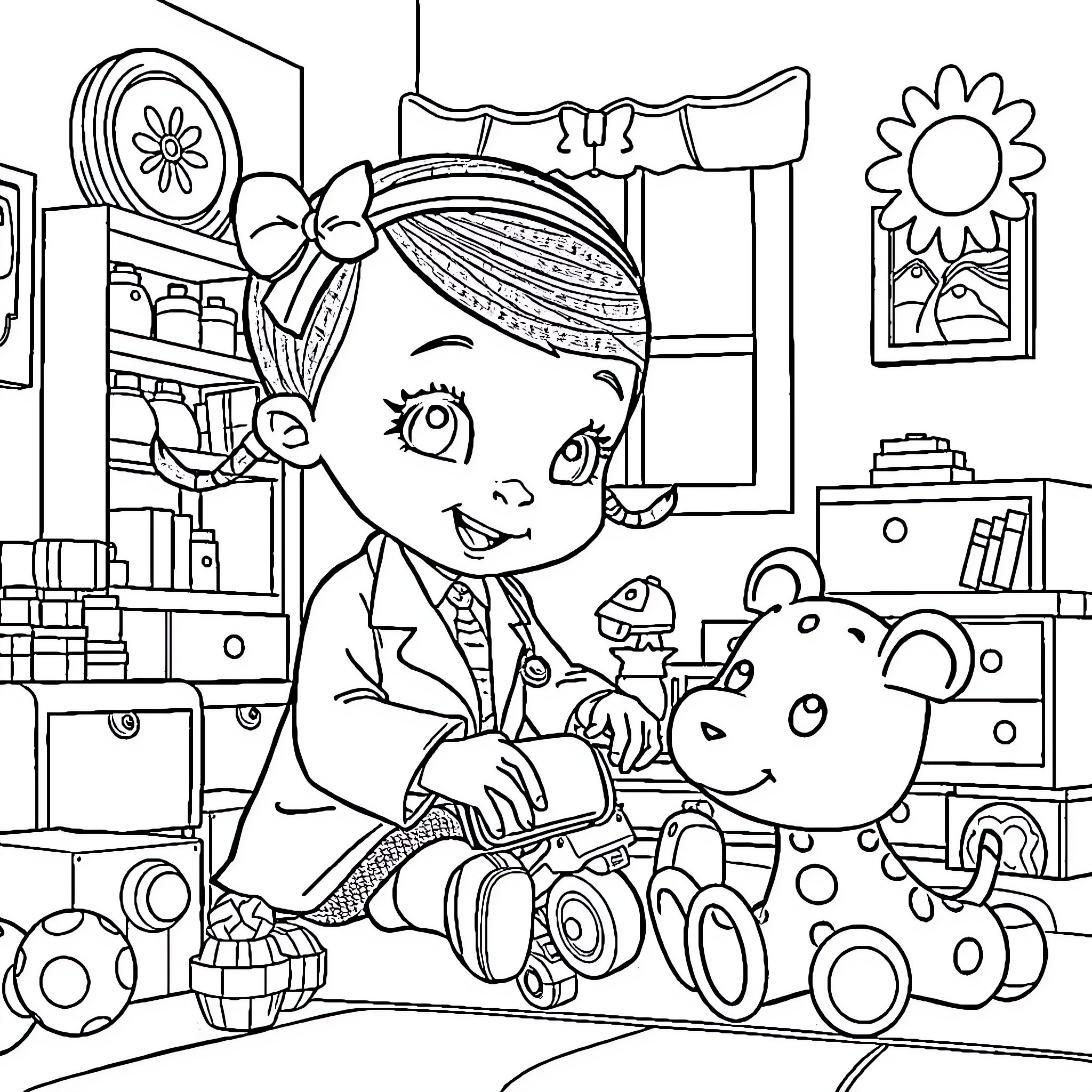 Doc McStuffins playing with toys in her clinic Coloring Page (free black-and-white line drawing printable PDF for all, from beginners to advanced learners, including children, teens, adults, and seniors)