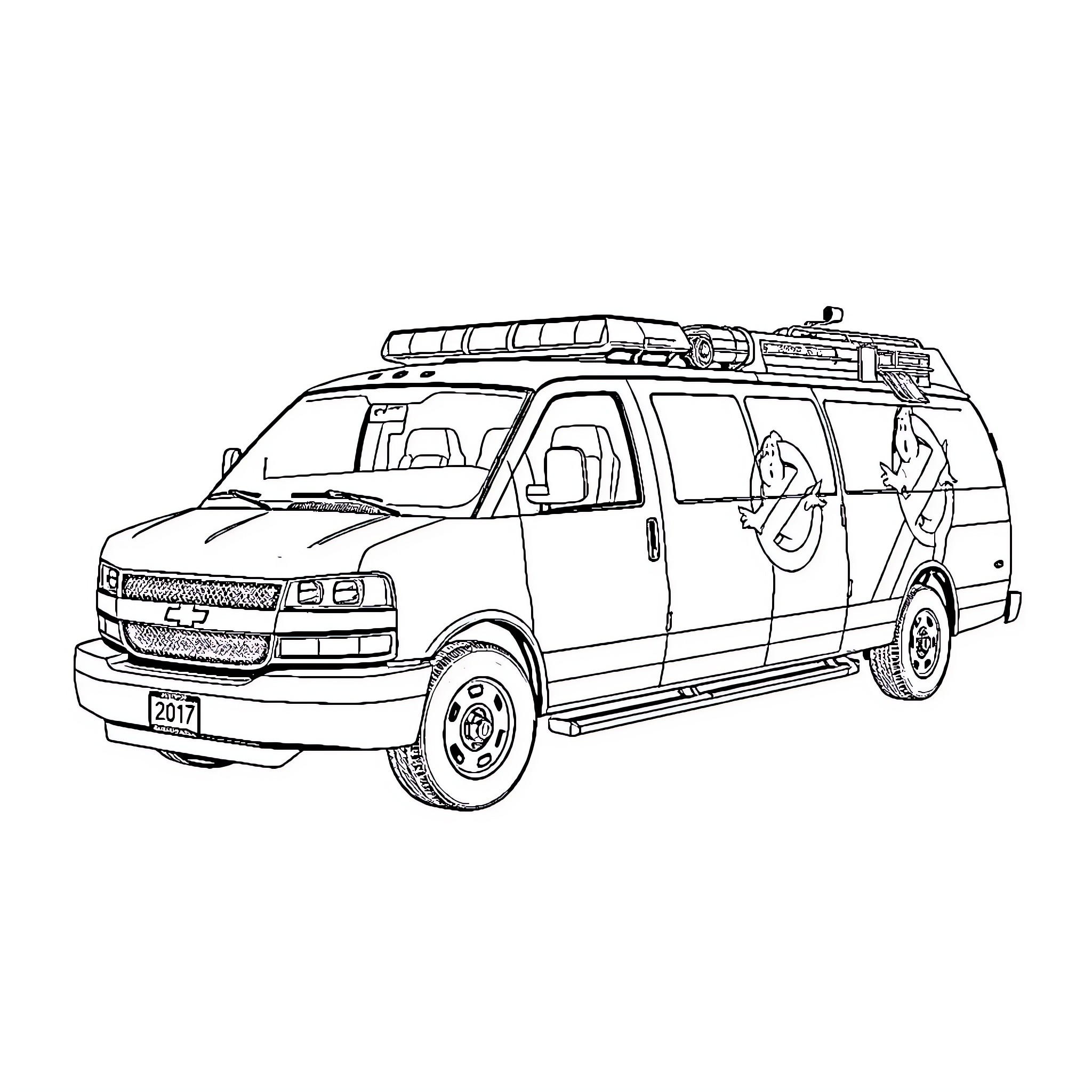 Chevrolet Express van with outdoor gear and equipment Coloring Page (free black-and-white line drawing printable PDF for all, from beginners to advanced learners, including children, teens, adults, and seniors)