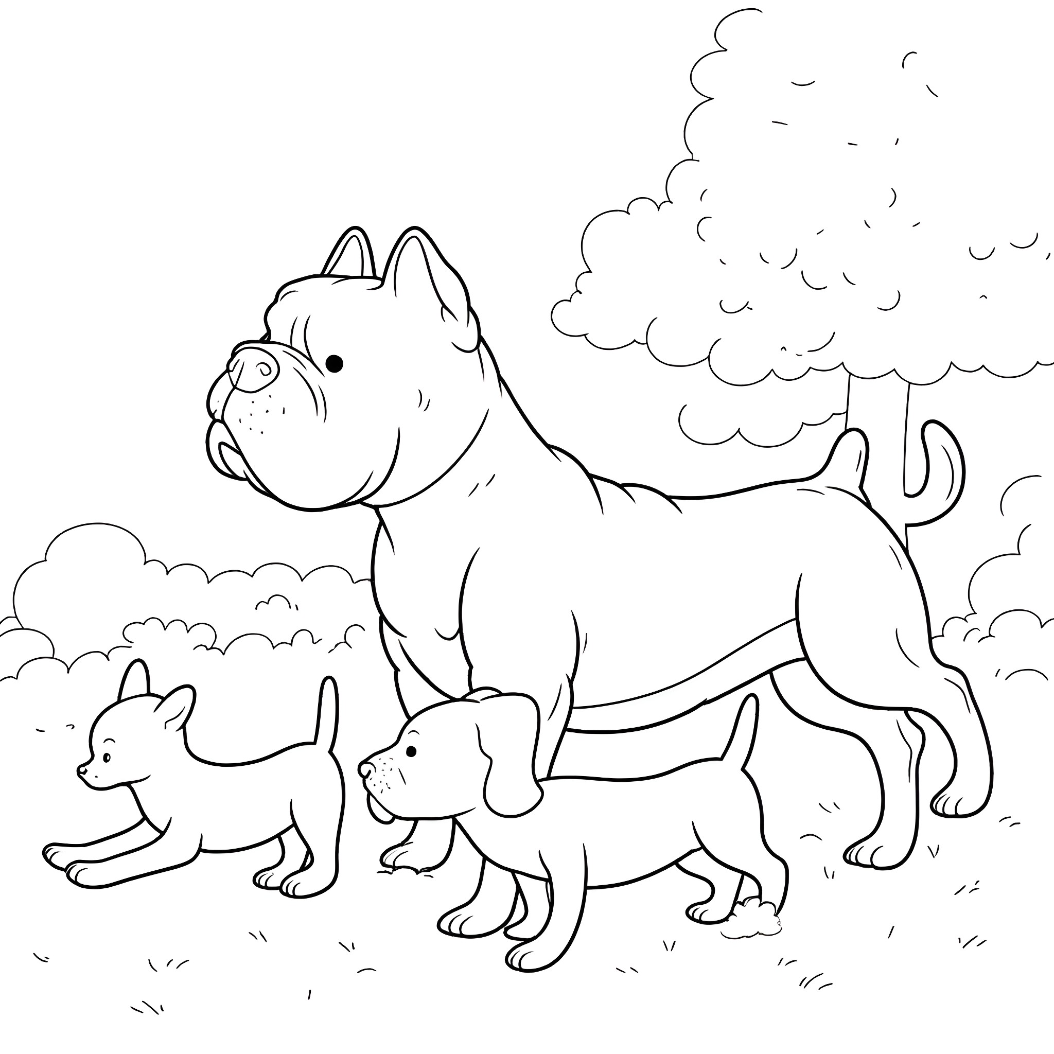 Bulldog and puppies playing outdoors Coloring Page (free black-and-white line drawing printable PDF for all, from beginners to advanced learners, including children, teens, adults, and seniors)