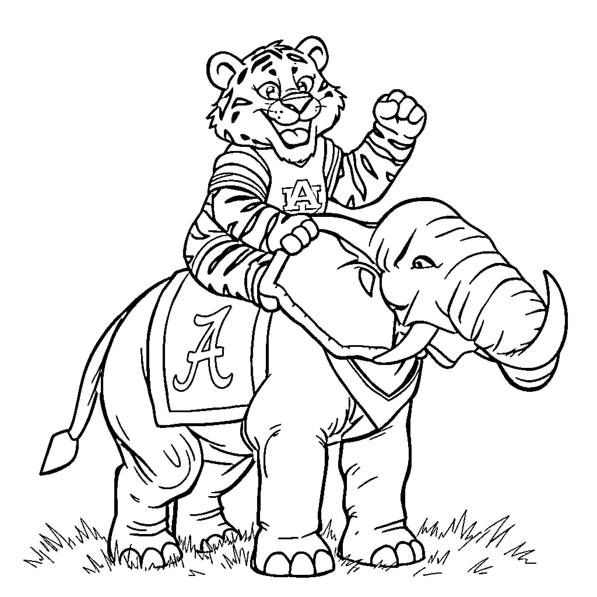 Mascot tiger riding an elephant Coloring Page (free black-and-white line drawing printable PDF for all, from beginners to advanced learners, including children, teens, adults, and seniors)