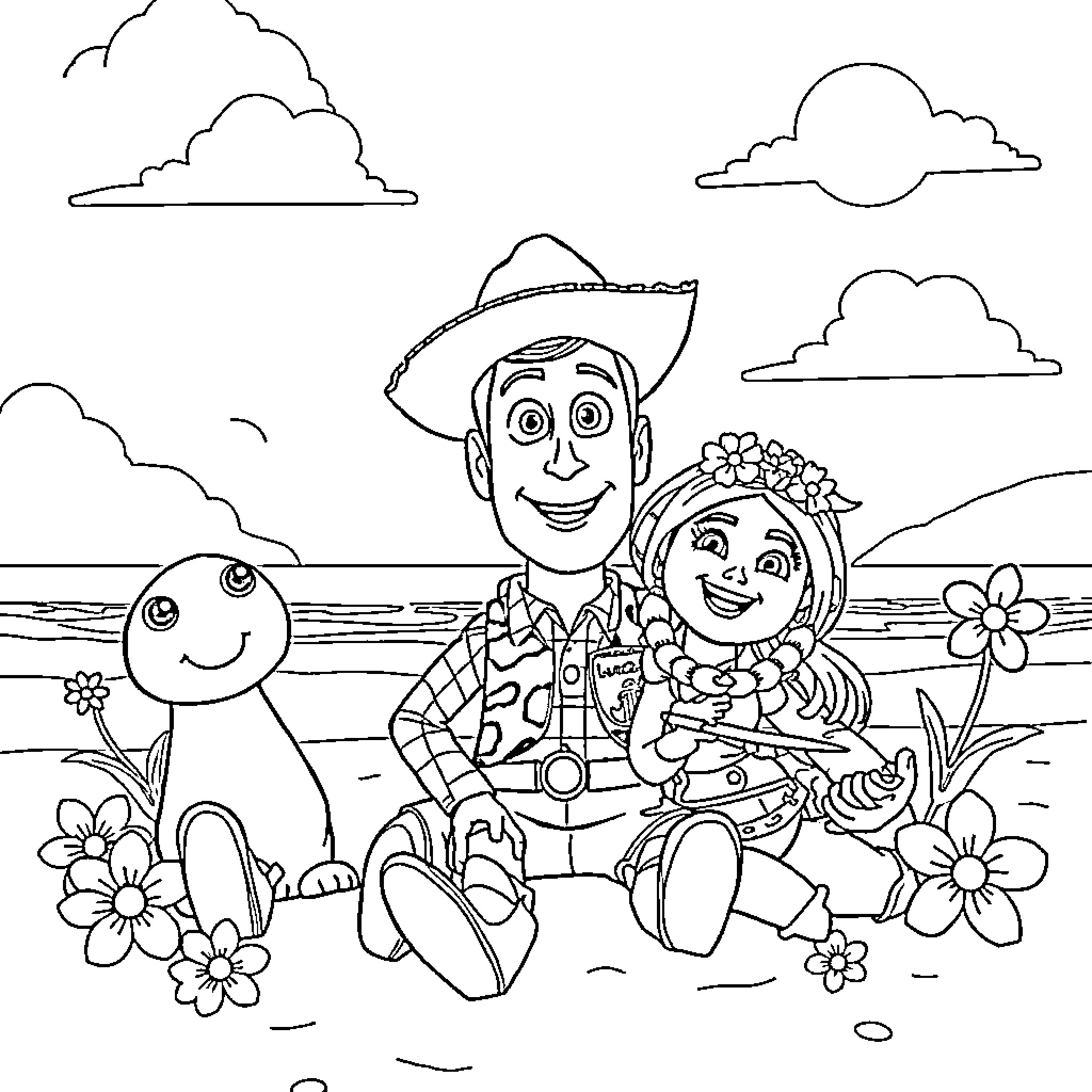 Toy characters enjoying a picnic in the park Coloring Page (free black-and-white line drawing printable PDF for all, from beginners to advanced learners, including children, teens, adults, and seniors)