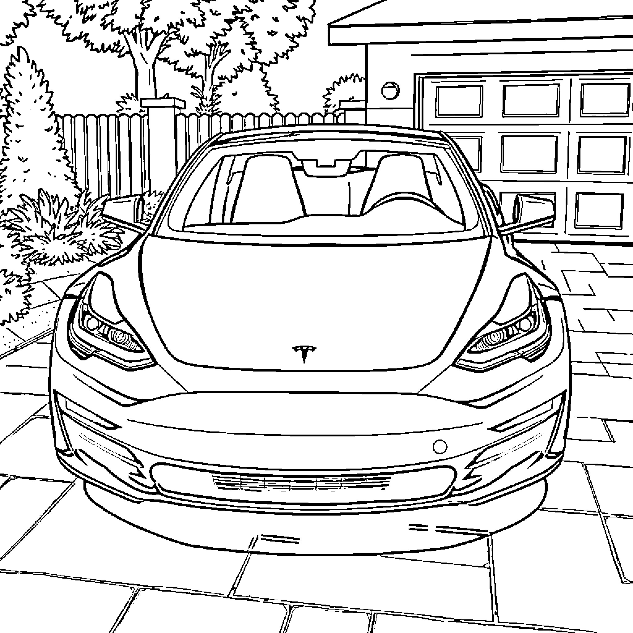 Tesla electric car parked in the driveway Coloring Page (free black-and-white line drawing printable PDF for all, from beginners to advanced learners, including children, teens, adults, and seniors)