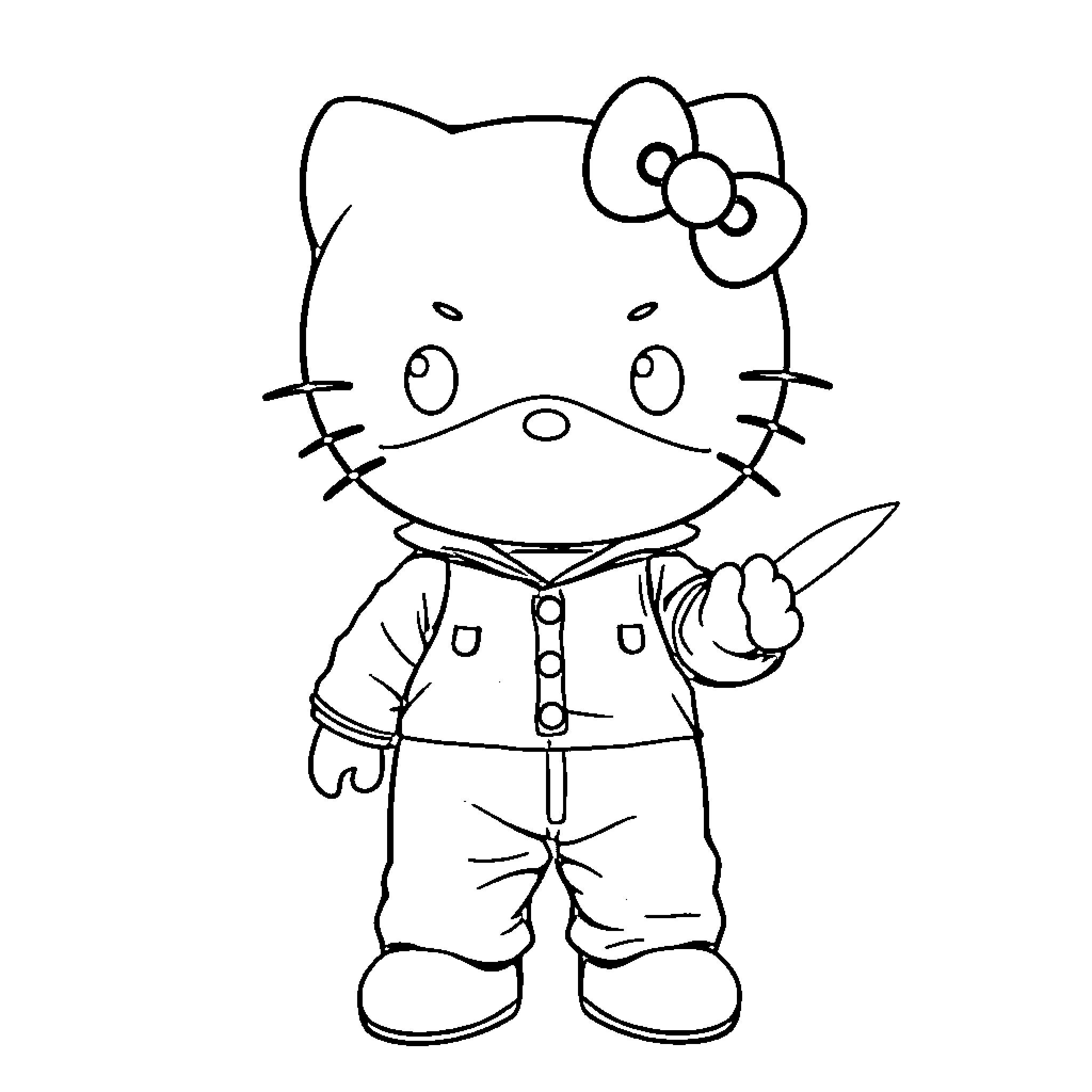 Hello Kitty in Cute Outfit with Accessories Coloring Page (free black-and-white line drawing printable PDF for all, from beginners to advanced learners, including children, teens, adults, and seniors)