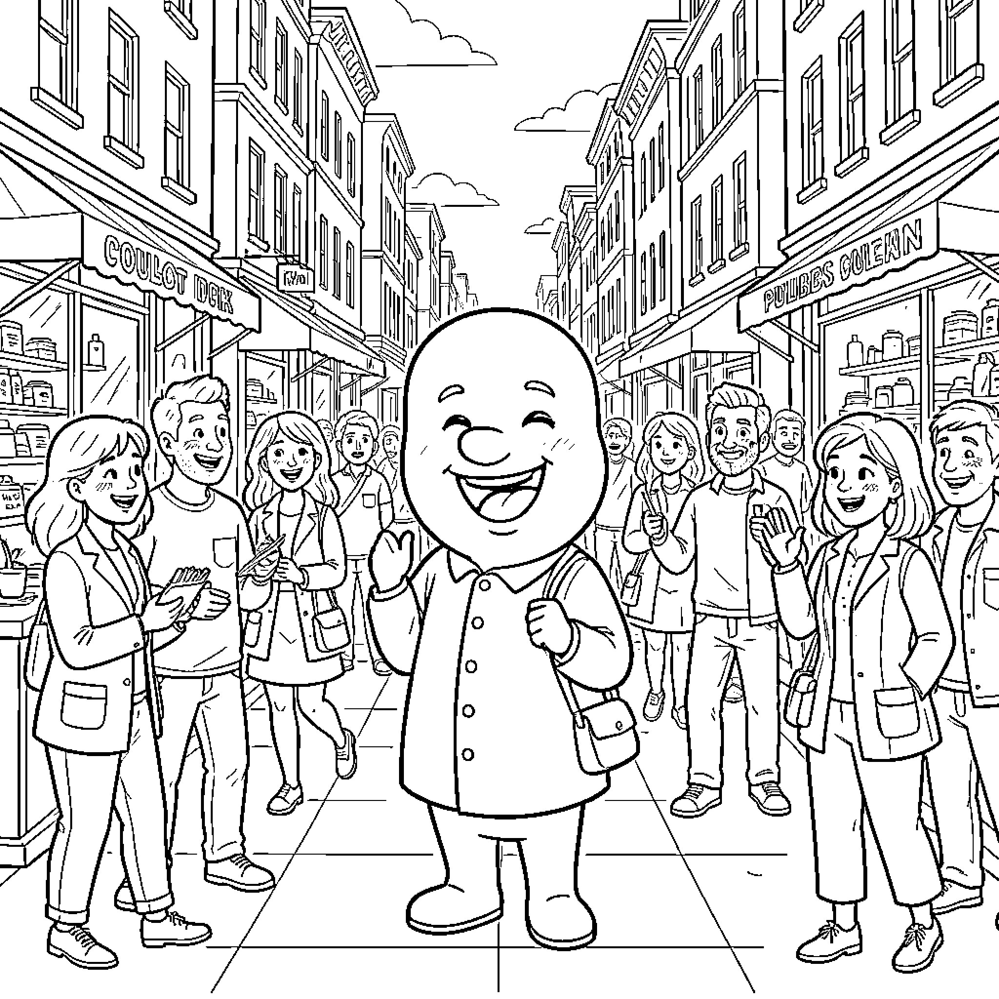 Poulbot smiling and waving in a busy street Coloring Page (free black-and-white line drawing printable PDF for all, from beginners to advanced learners, including children, teens, adults, and seniors)