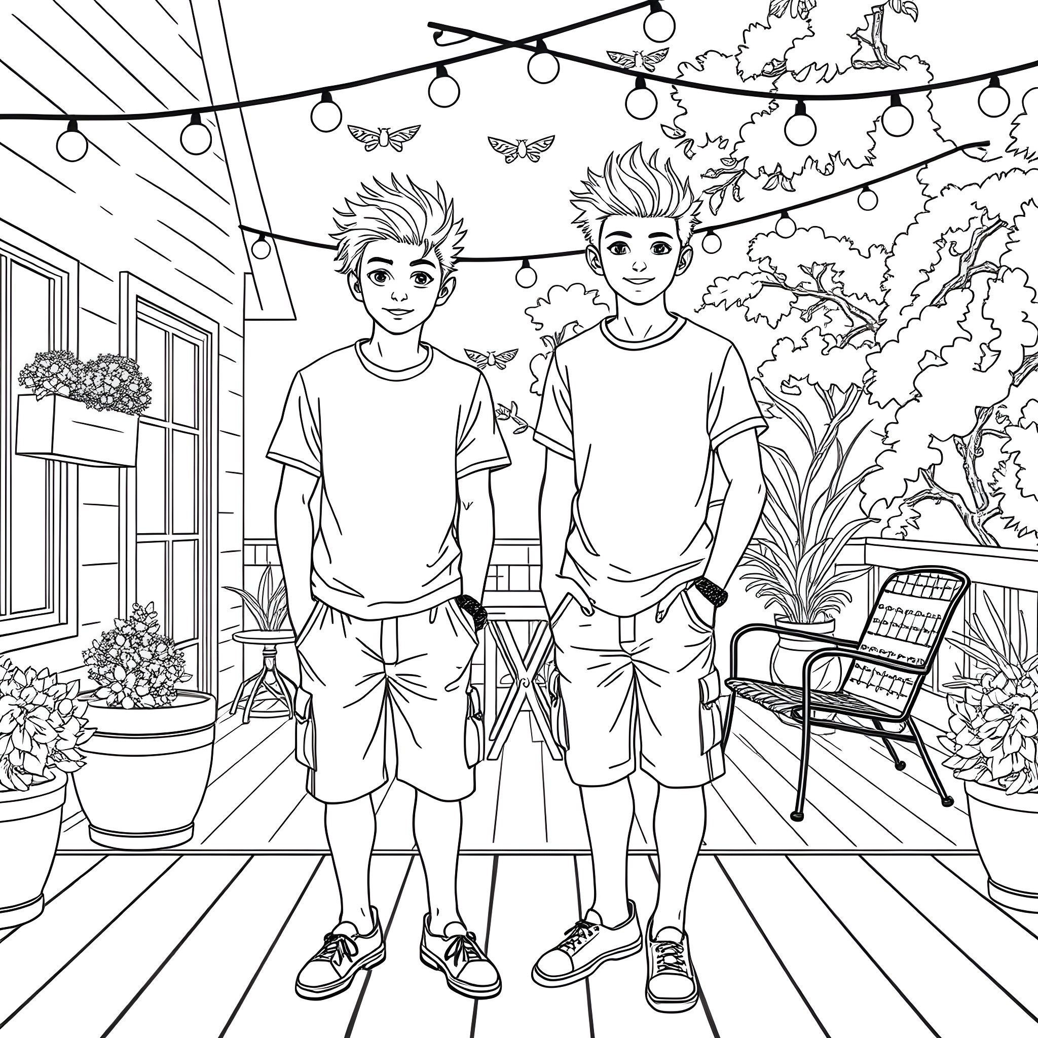 Teen Guys Enjoying the Outdoors on a Patio Coloring Page (free black-and-white line drawing printable PDF for all, from beginners to advanced learners, including children, teens, adults, and seniors)