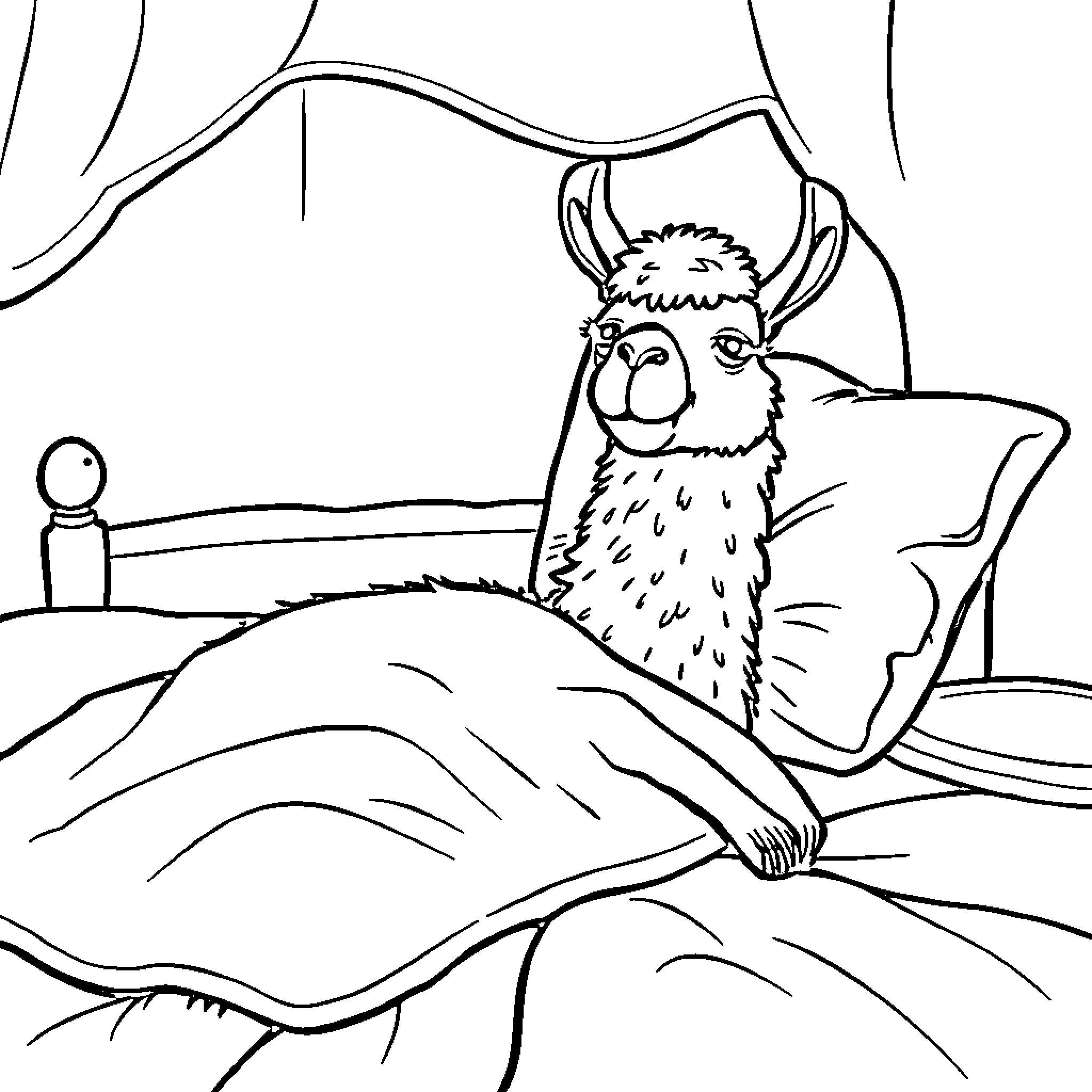 Llama resting comfortably on a bed Coloring Page (free black-and-white line drawing printable PDF for all, from beginners to advanced learners, including children, teens, adults, and seniors)