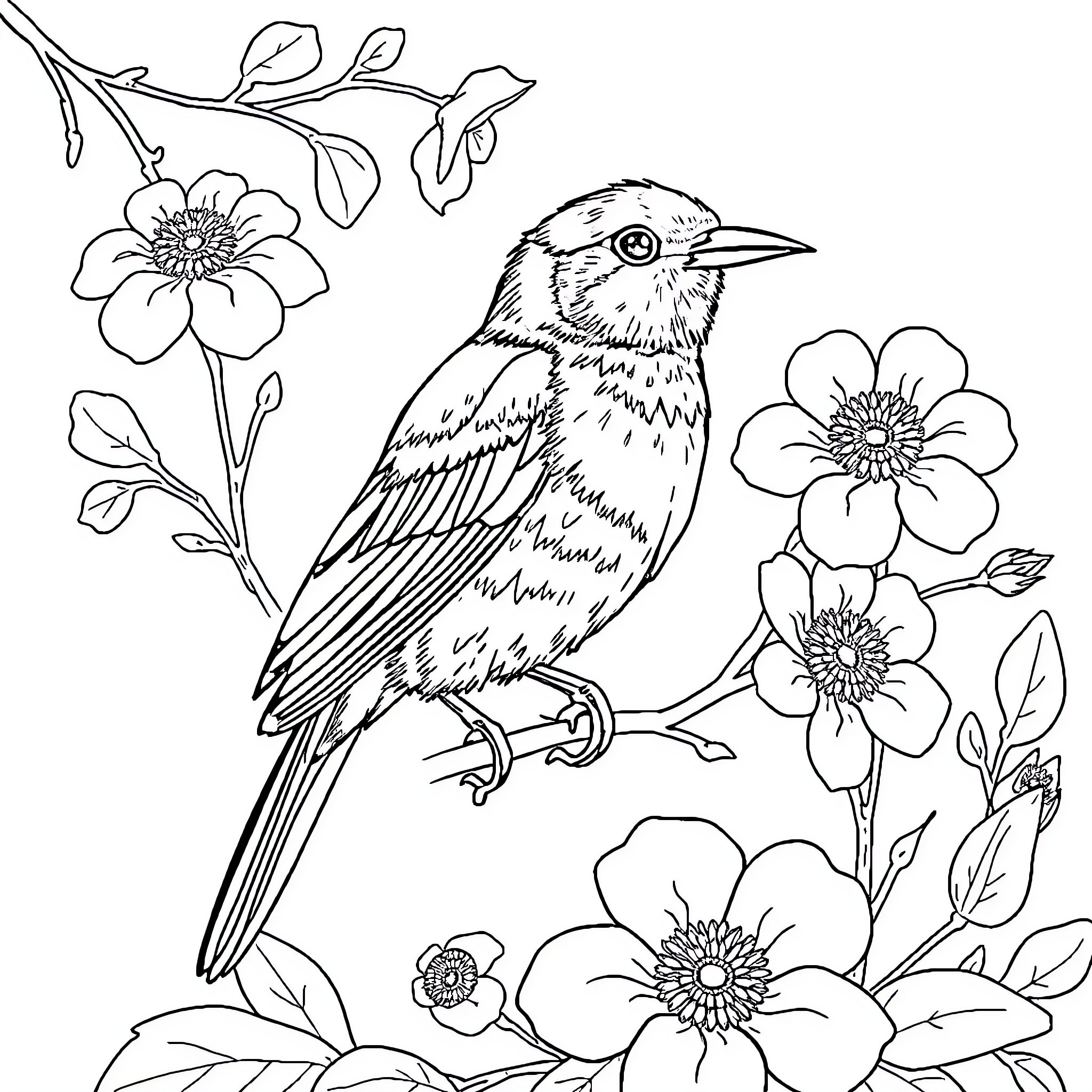 Bird perched amidst blooming flowers Coloring Page (free black-and-white line drawing printable PDF for all, from beginners to advanced learners, including children, teens, adults, and seniors)