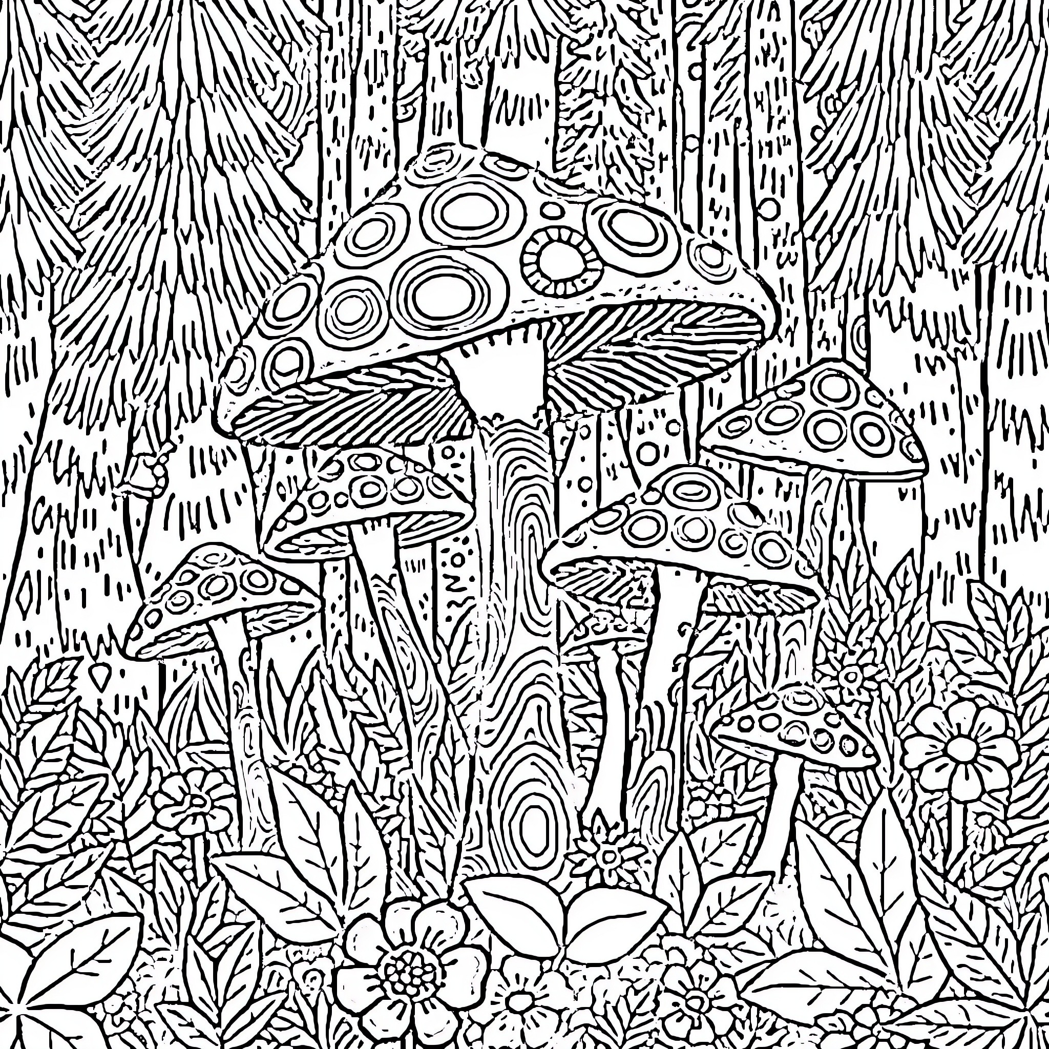 Mushroom Forest with Intricate Patterns Coloring Page (free black-and-white line drawing printable PDF for all, from beginners to advanced learners, including children, teens, adults, and seniors)