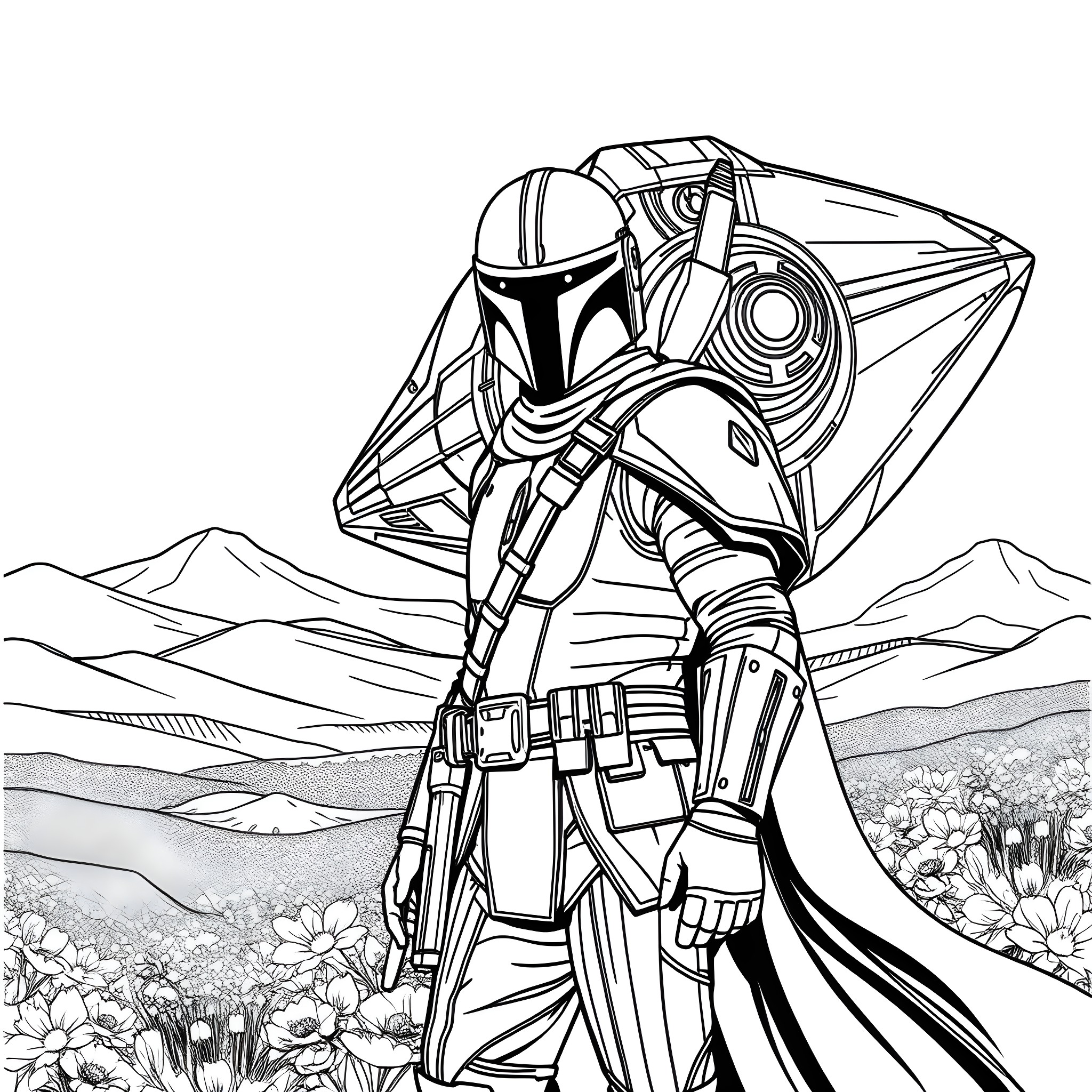 Mandalorian warrior in desert landscape Coloring Page (free black-and-white line drawing printable PDF for all, from beginners to advanced learners, including children, teens, adults, and seniors)