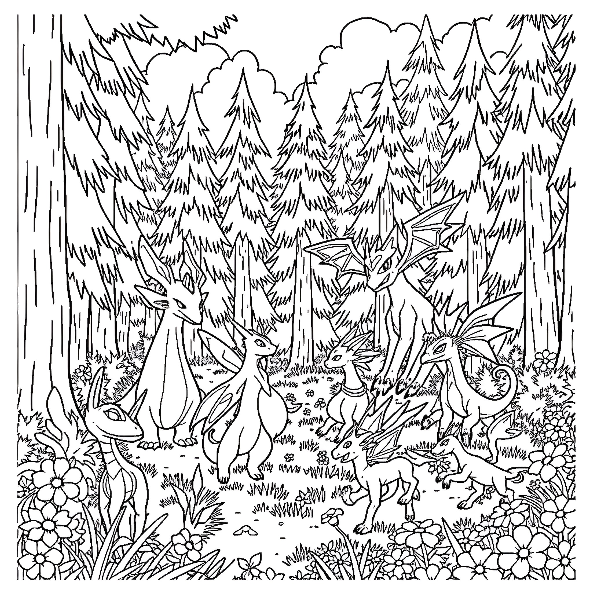 Digimon creatures in a fantasy forest landscape Coloring Page (free black-and-white line drawing printable PDF for all, from beginners to advanced learners, including children, teens, adults, and seniors)