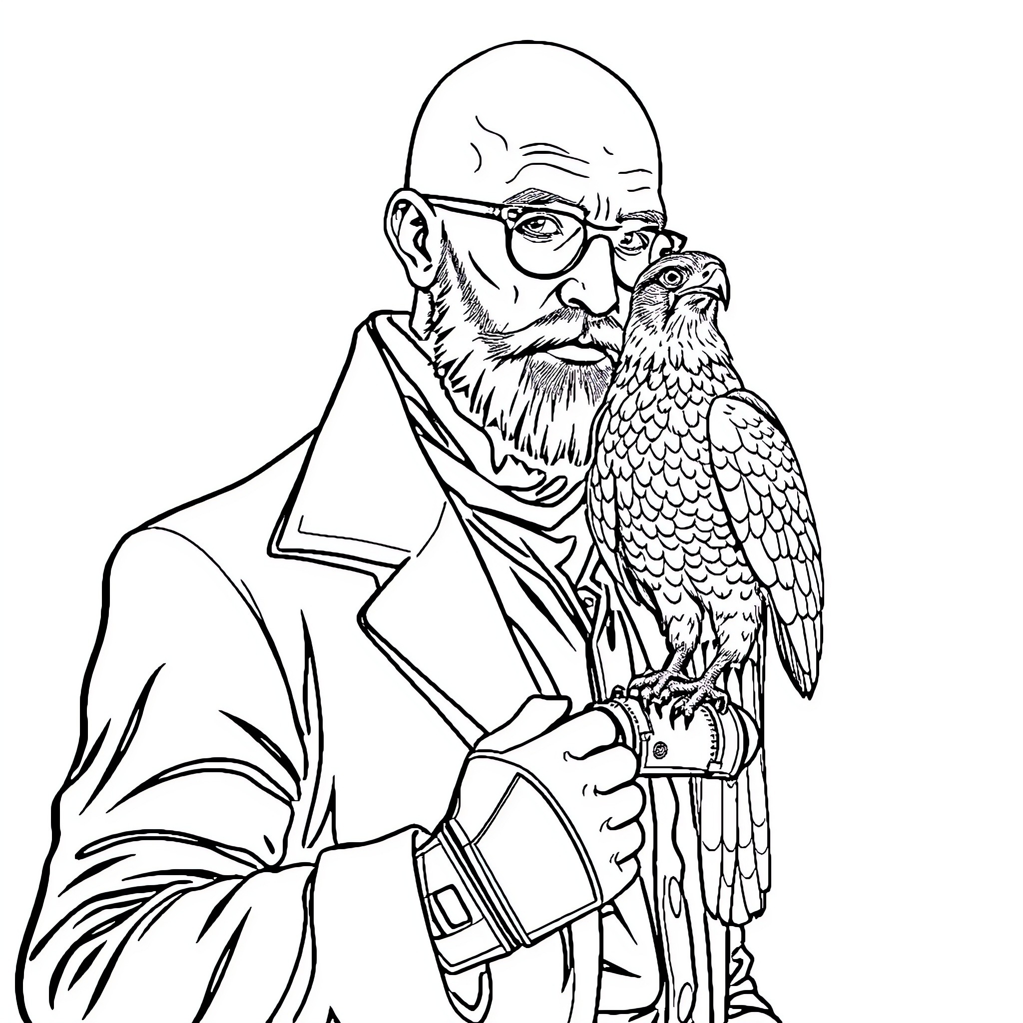 Man with a Falcon Companion Coloring Page (free black-and-white line drawing printable PDF for all, from beginners to advanced learners, including children, teens, adults, and seniors)
