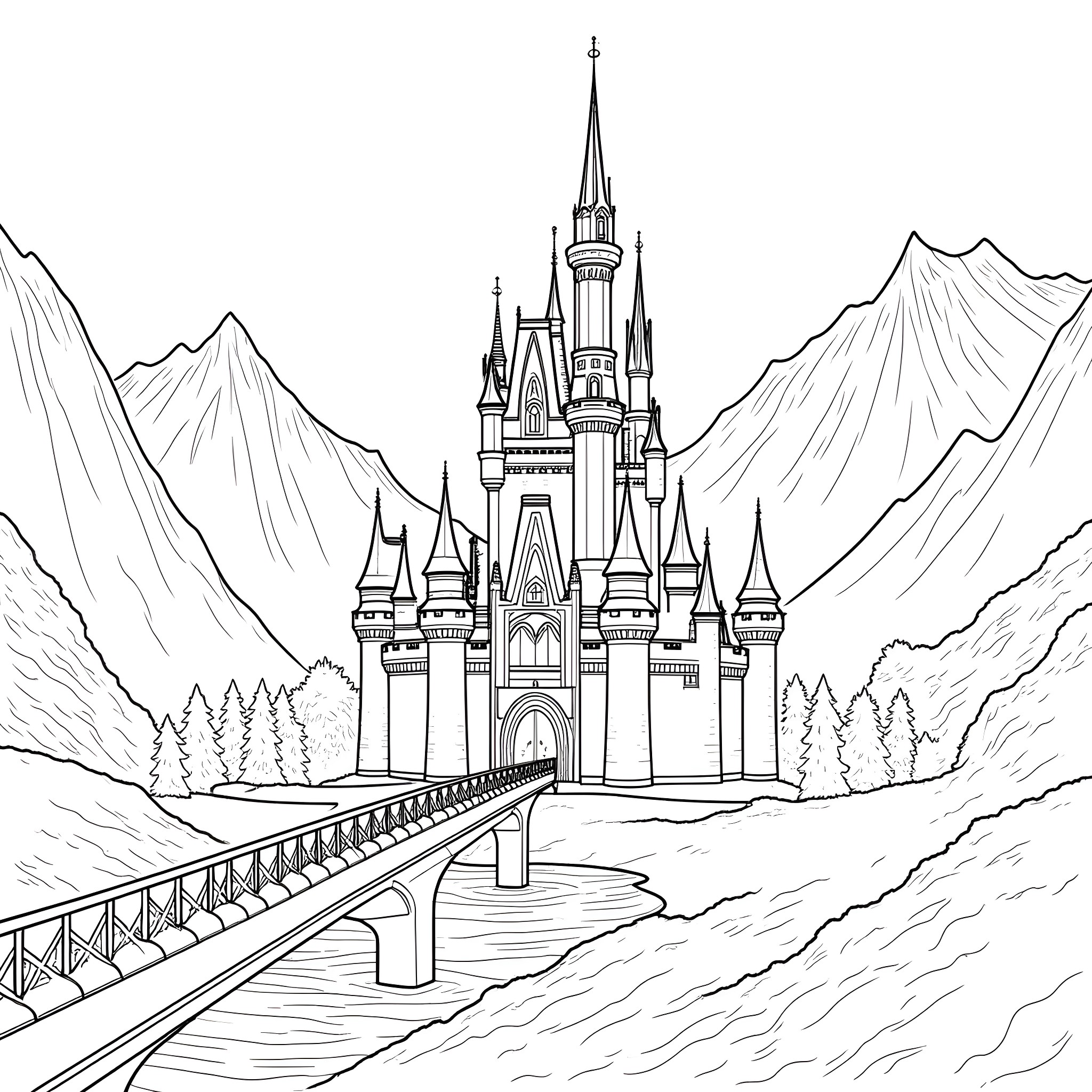 Castle with Towering Spires amid Majestic Mountains Coloring Page (free black-and-white line drawing printable PDF for all, from beginners to advanced learners, including children, teens, adults, and seniors)
