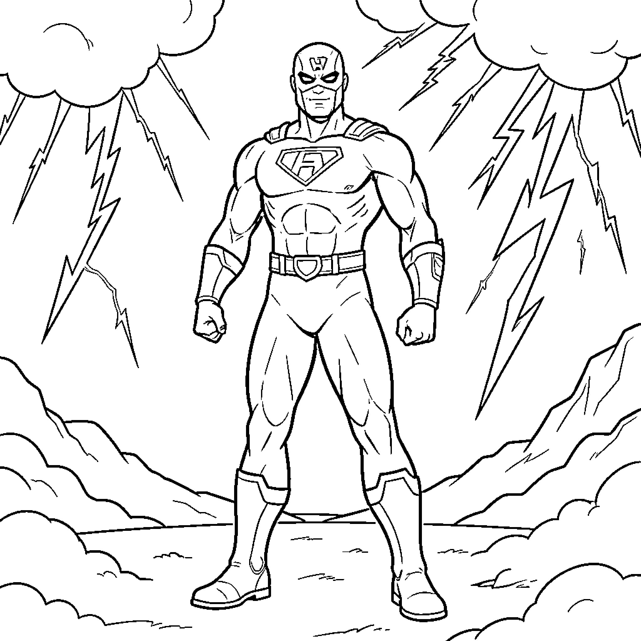 Thunderman in heroic pose amid stormy skies Coloring Page (free black-and-white line drawing printable PDF for all, from beginners to advanced learners, including children, teens, adults, and seniors)