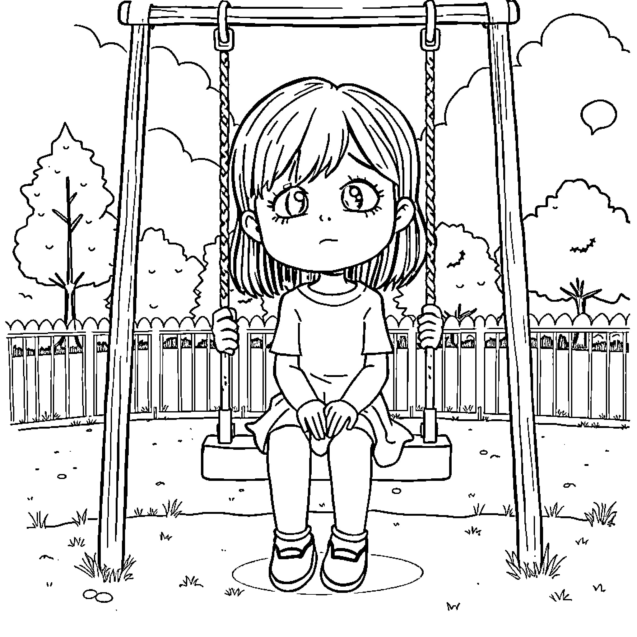 Girl sitting alone on a swing in a park Coloring Page (free black-and-white line drawing printable PDF for all, from beginners to advanced learners, including children, teens, adults, and seniors)