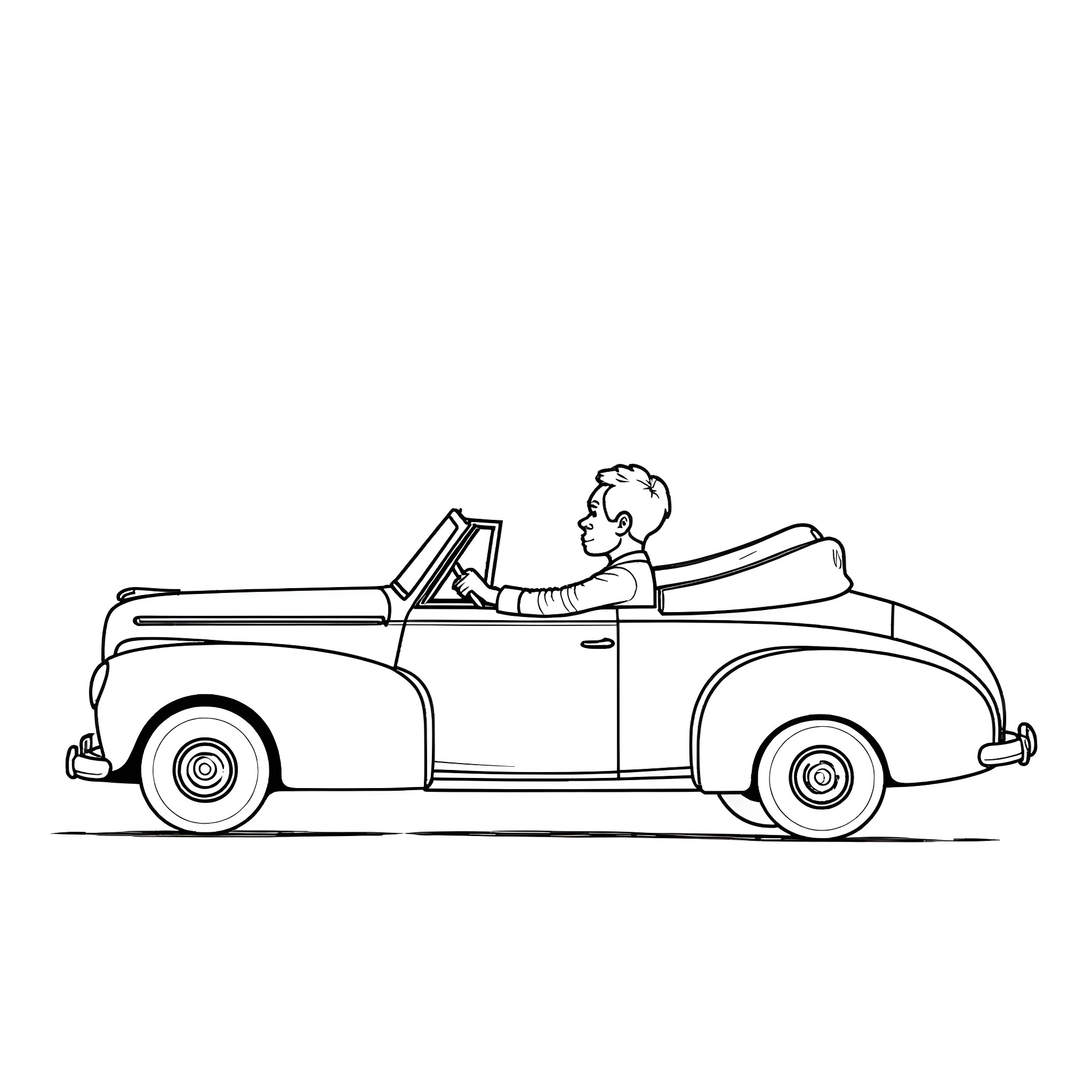 Jay Leno driving a vintage convertible car Coloring Page (free black-and-white line drawing printable PDF for all, from beginners to advanced learners, including children, teens, adults, and seniors)