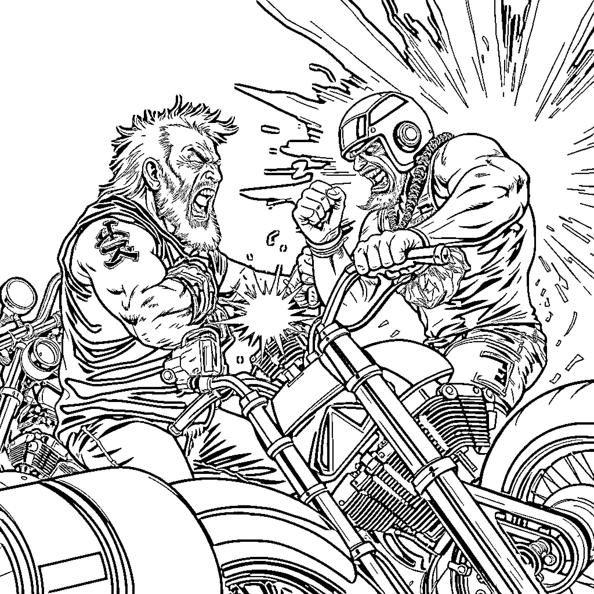 Chopper Riders Engage in Intense Confrontation Coloring Page (free black-and-white line drawing printable PDF for all, from beginners to advanced learners, including children, teens, adults, and seniors)