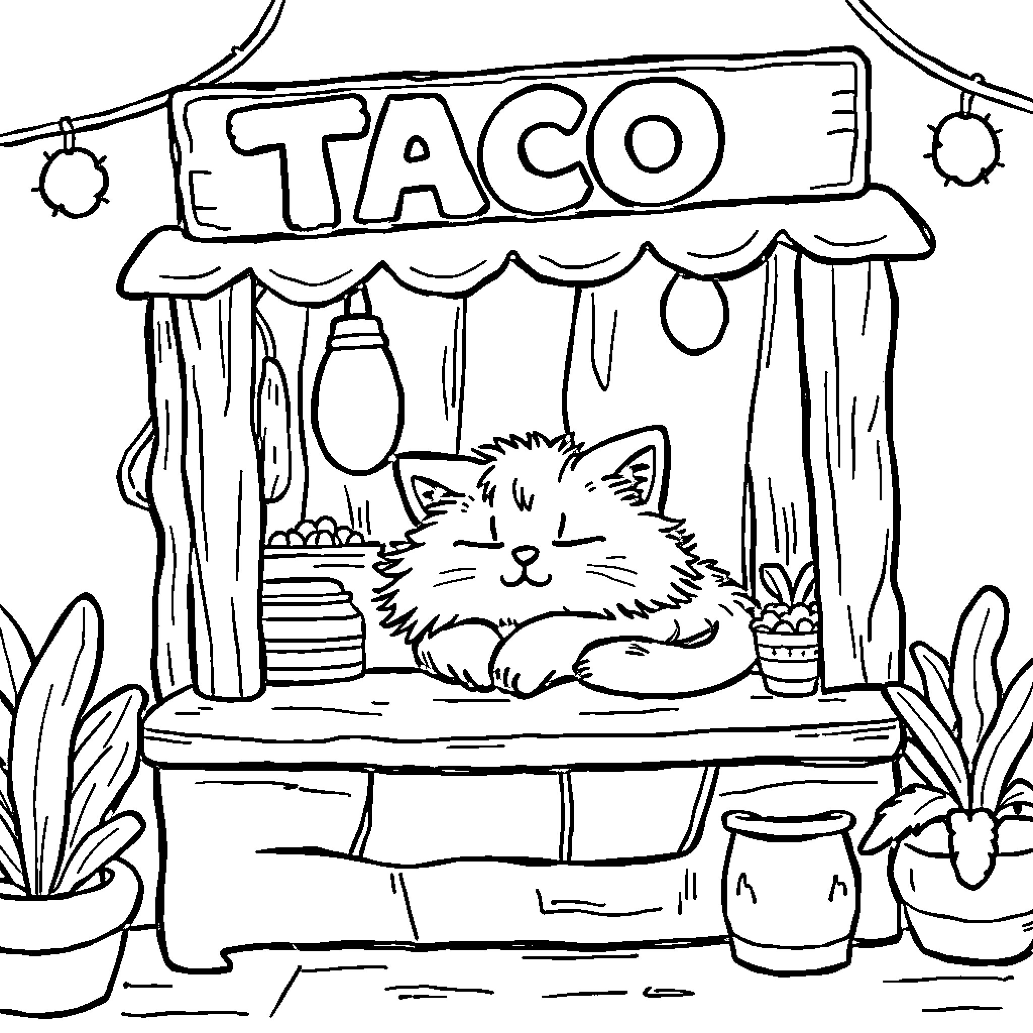 Cat relaxing in a cozy taco stand Coloring Page (free black-and-white line drawing printable PDF for all, from beginners to advanced learners, including children, teens, adults, and seniors)