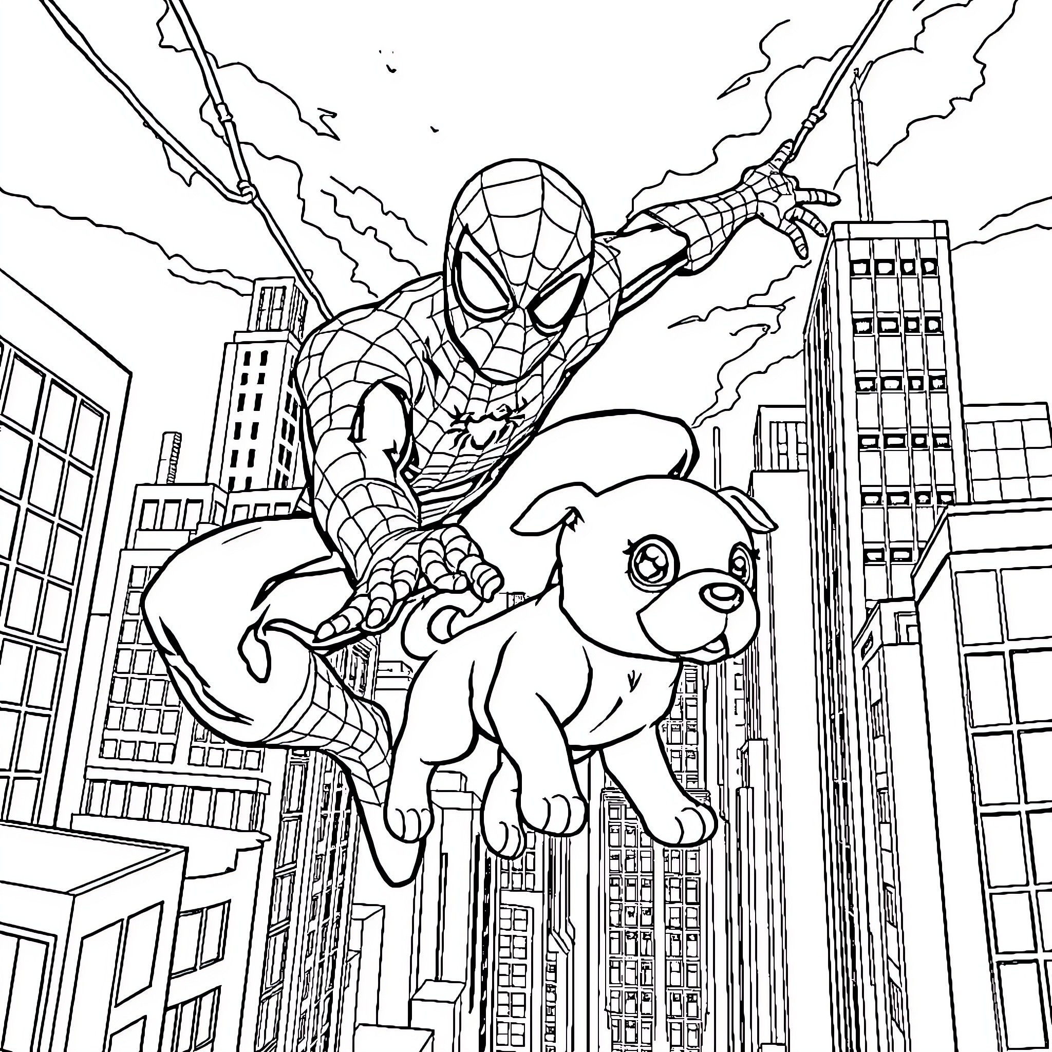 Spider-Man swinging with a puppy through the city Coloring Page (free black-and-white line drawing printable PDF for all, from beginners to advanced learners, including children, teens, adults, and seniors)