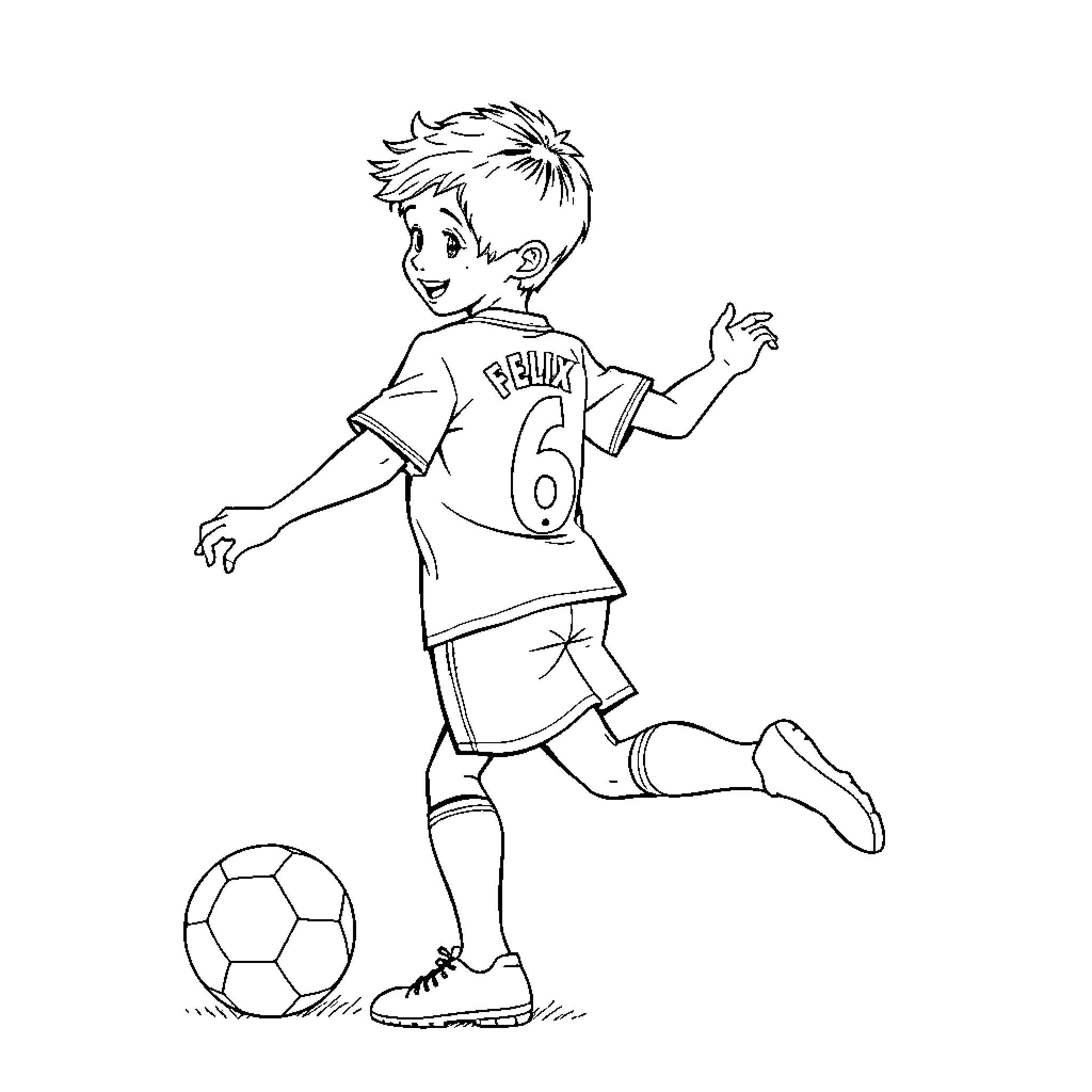 Boy playing with soccer ball enthusiastically Coloring Page (free black-and-white line drawing printable PDF for all, from beginners to advanced learners, including children, teens, adults, and seniors)