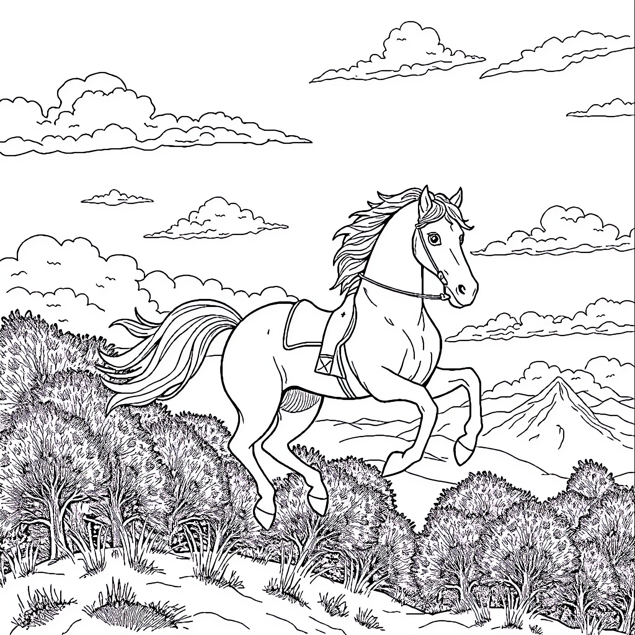 Knight's Horse Galloping Through the Countryside Coloring Page (free black-and-white line drawing printable PDF for all, from beginners to advanced learners, including children, teens, adults, and seniors)