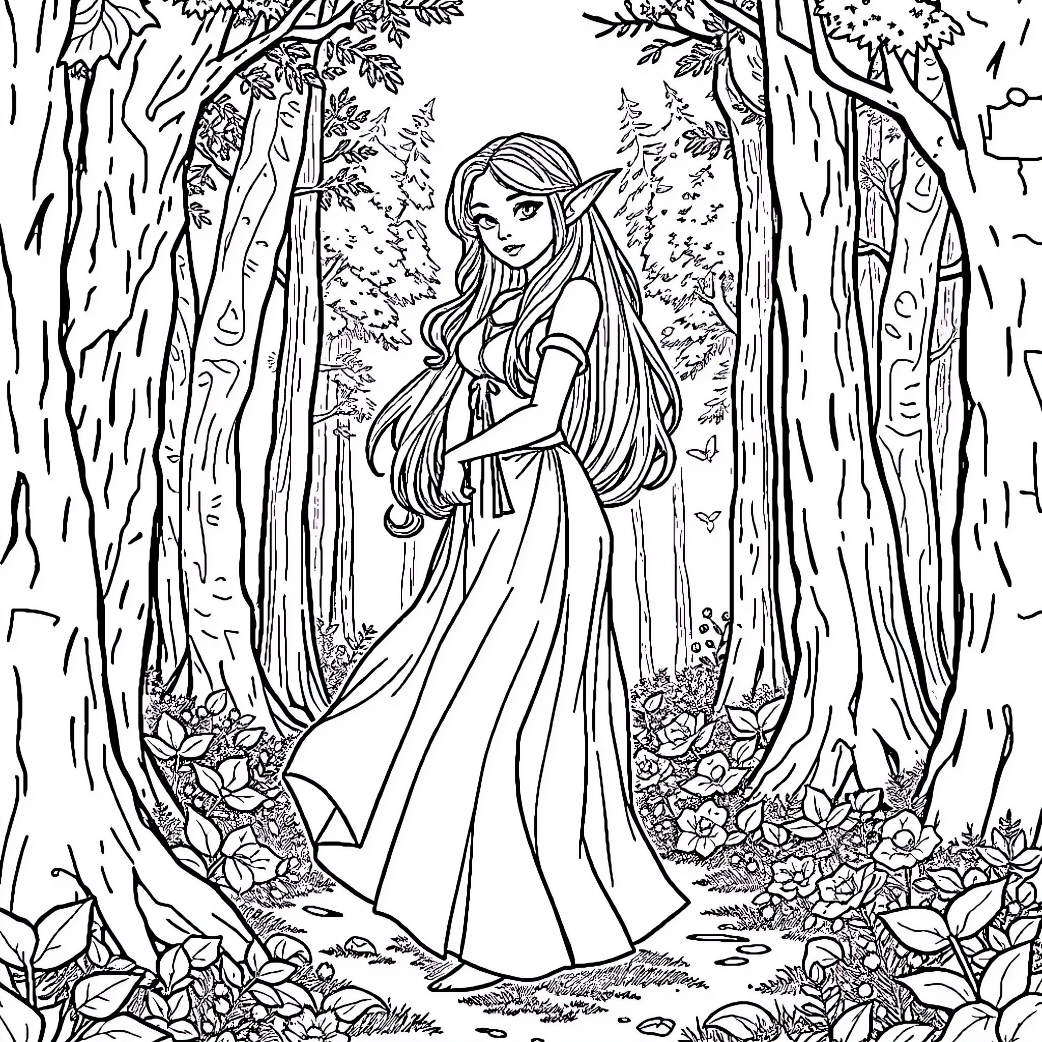 Elf Princess in Enchanted Forest Coloring Page (free black-and-white line drawing printable PDF for all, from beginners to advanced learners, including children, teens, adults, and seniors)