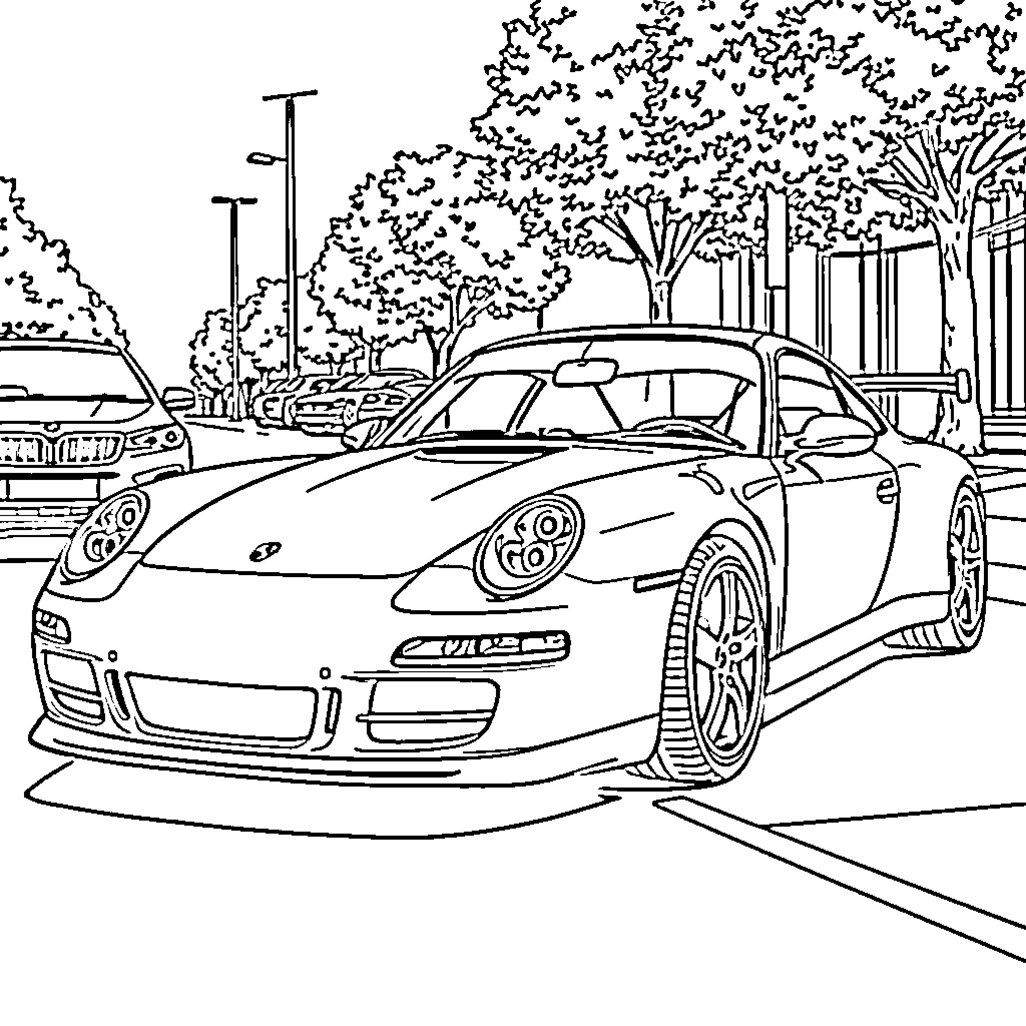 Porsche sports car parked on city street Coloring Page (free black-and-white line drawing printable PDF for all, from beginners to advanced learners, including children, teens, adults, and seniors)