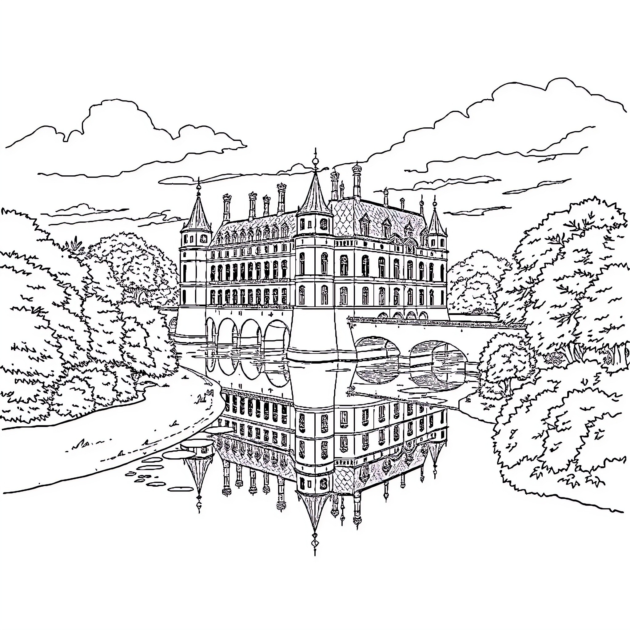 Château of Majestic Architecture Mirrored in the Water Coloring Page (free black-and-white line drawing printable PDF for all, from beginners to advanced learners, including children, teens, adults, and seniors)
