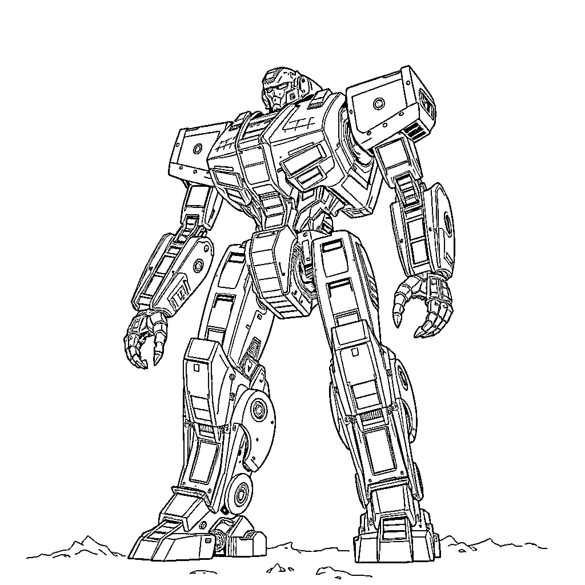 Mech warrior stands tall in a desert landscape Coloring Page (free black-and-white line drawing printable PDF for all, from beginners to advanced learners, including children, teens, adults, and seniors)