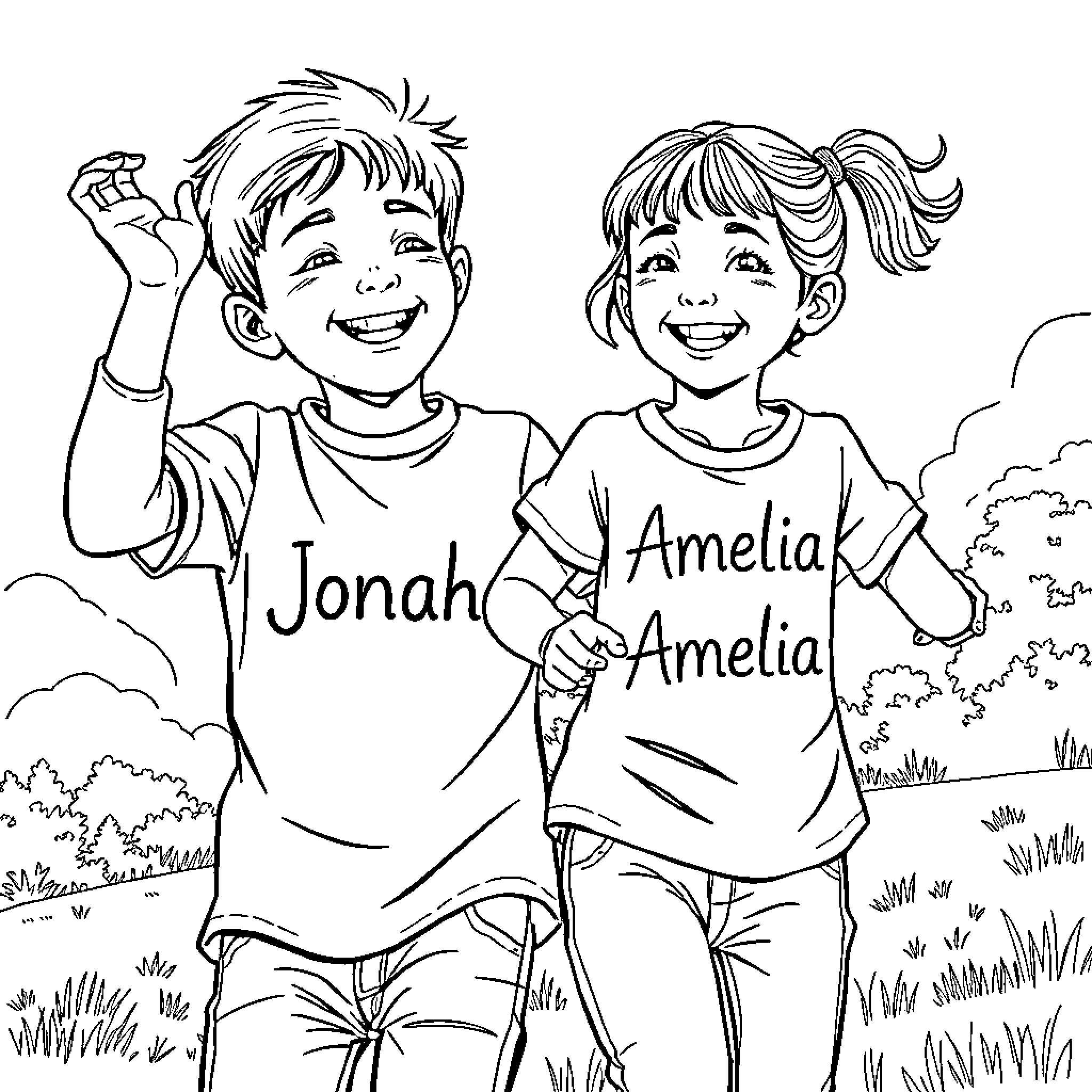 Boy and girl playing joyfully in the park Coloring Page (free black-and-white line drawing printable PDF for all, from beginners to advanced learners, including children, teens, adults, and seniors)