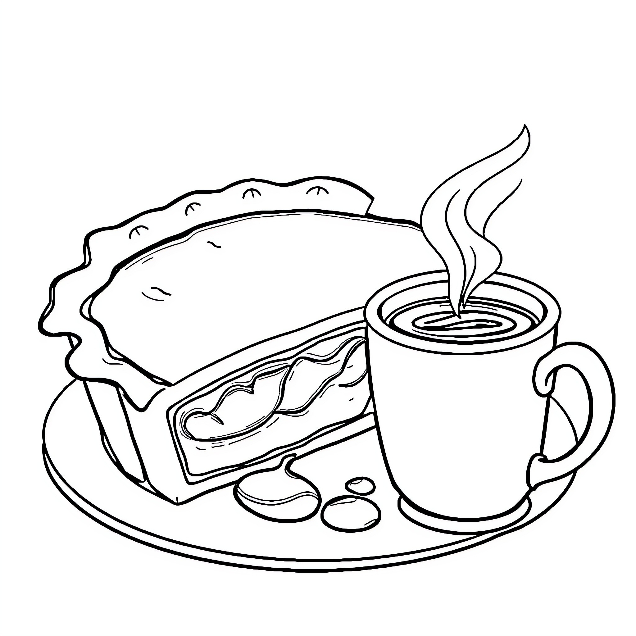 Pie and Steaming Cup on a Plate Coloring Page (free black-and-white line drawing printable PDF for all, from beginners to advanced learners, including children, teens, adults, and seniors)