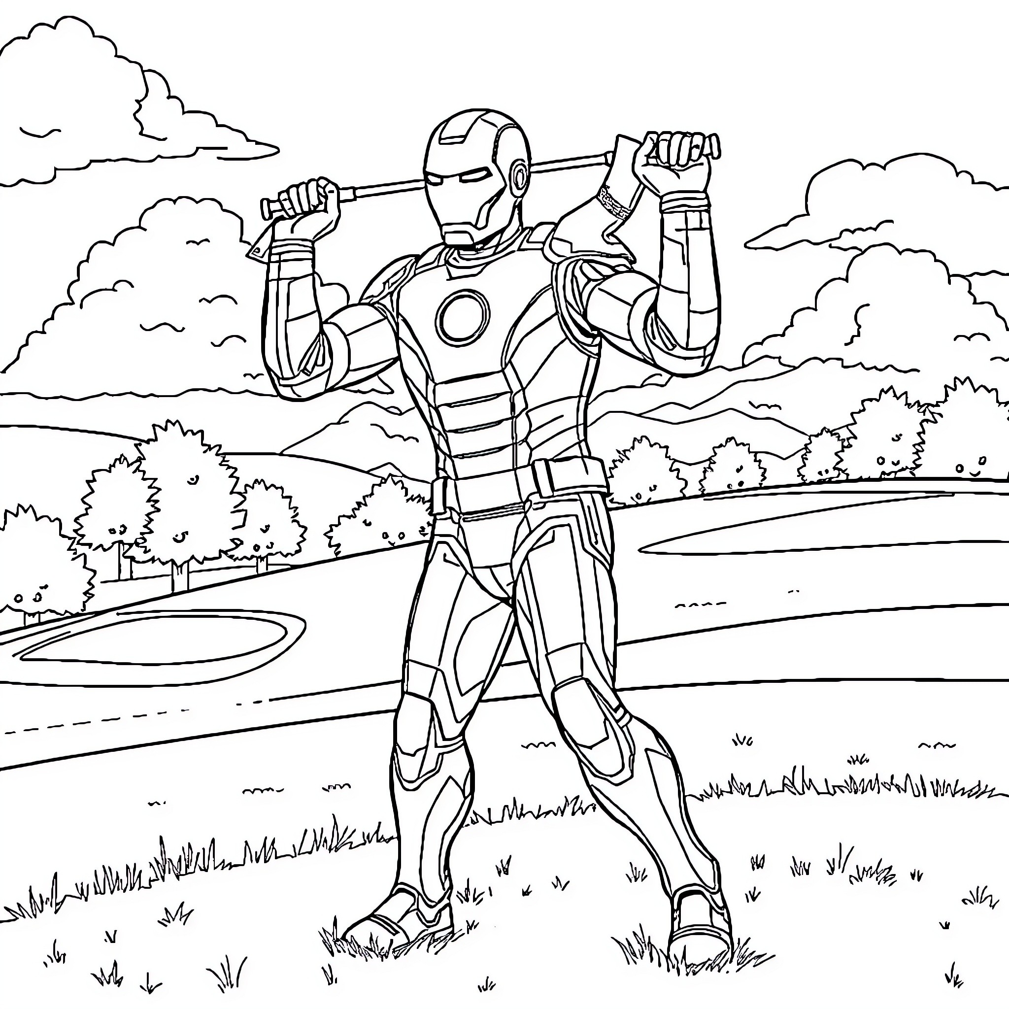 Ironman in action with powerful pose Coloring Page (free black-and-white line drawing printable PDF for all, from beginners to advanced learners, including children, teens, adults, and seniors)