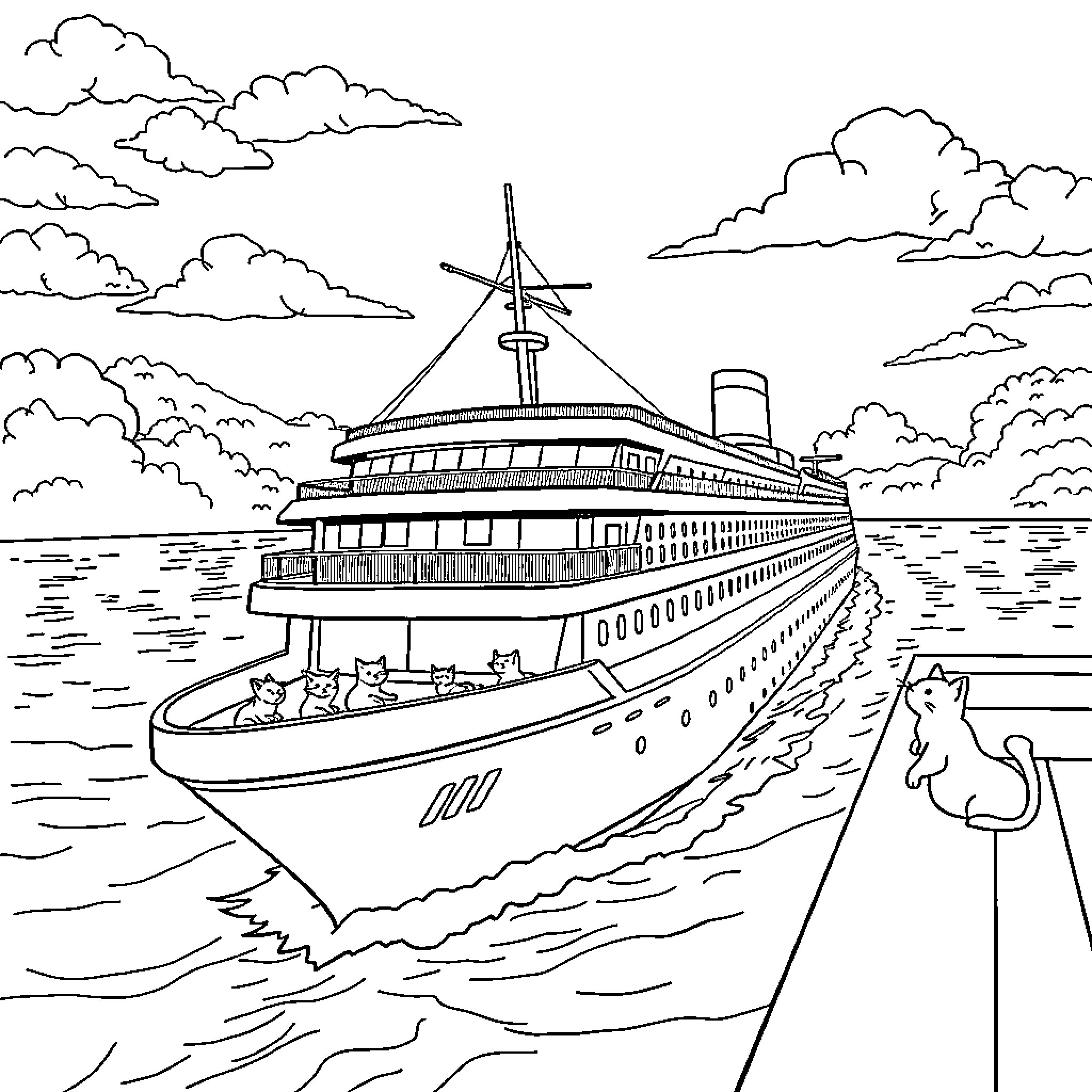 Cruise Ship Sailing Across the Sea Coloring Page (free black-and-white line drawing printable PDF for all, from beginners to advanced learners, including children, teens, adults, and seniors)