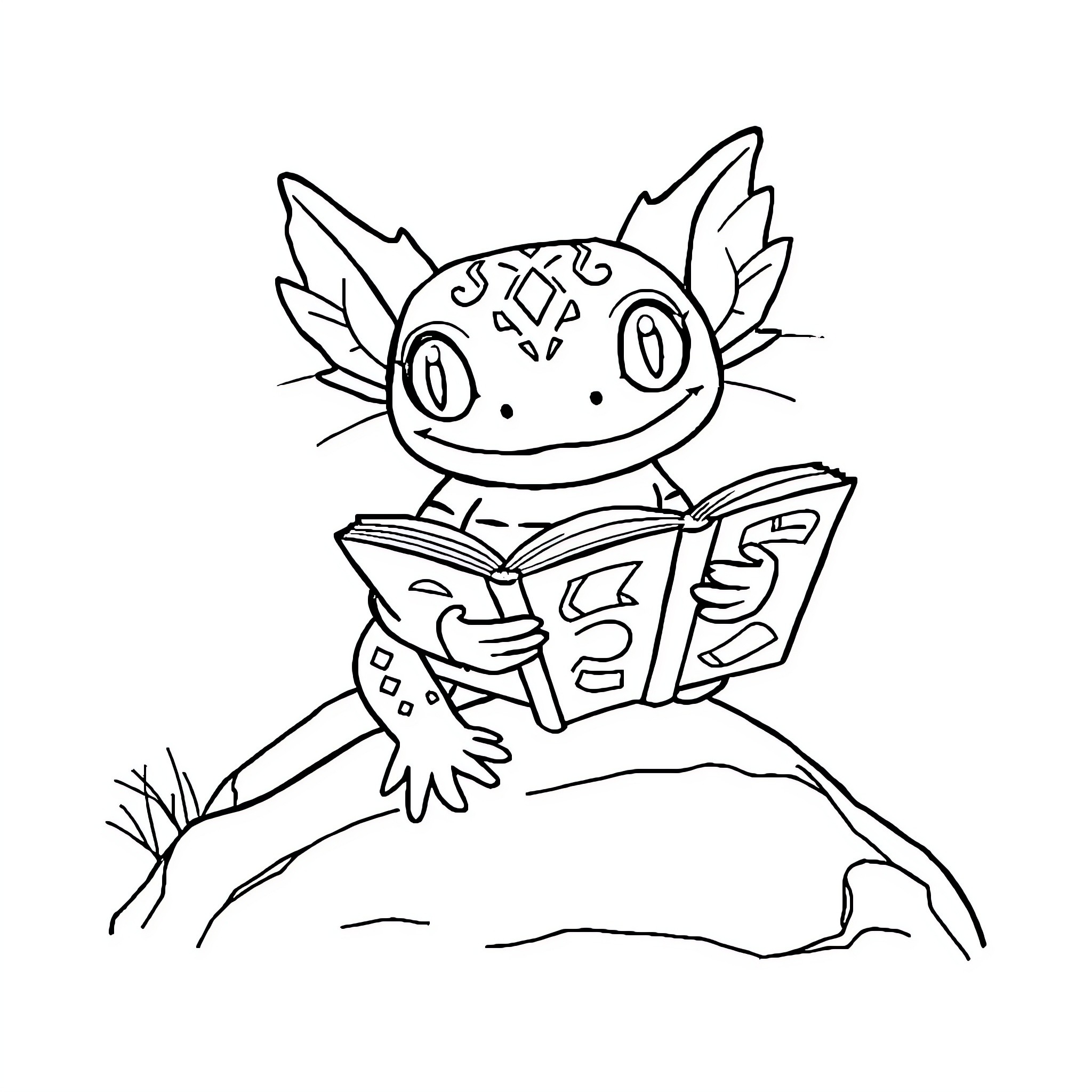 Axolotl reading a book curiously Coloring Page (free black-and-white line drawing printable PDF for all, from beginners to advanced learners, including children, teens, adults, and seniors)