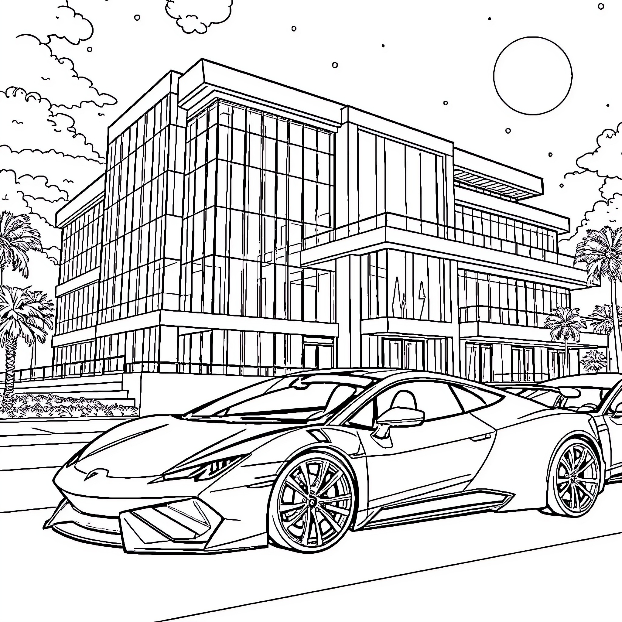 Mansion with modern architecture and luxury sports car Coloring Page (free black-and-white line drawing printable PDF for all, from beginners to advanced learners, including children, teens, adults, and seniors)